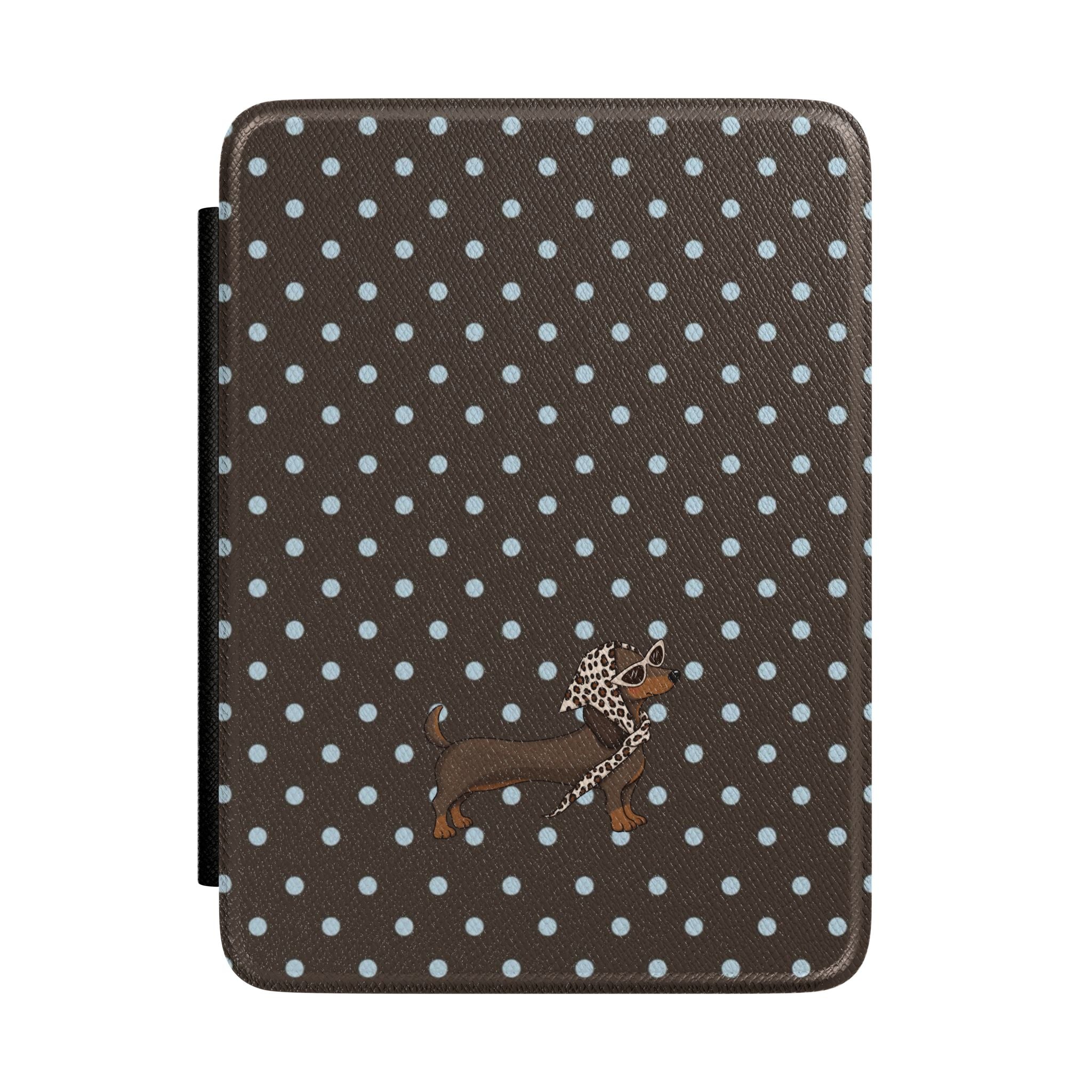 Brown hardcover Kindle case with white polka dots and dachshund illustration