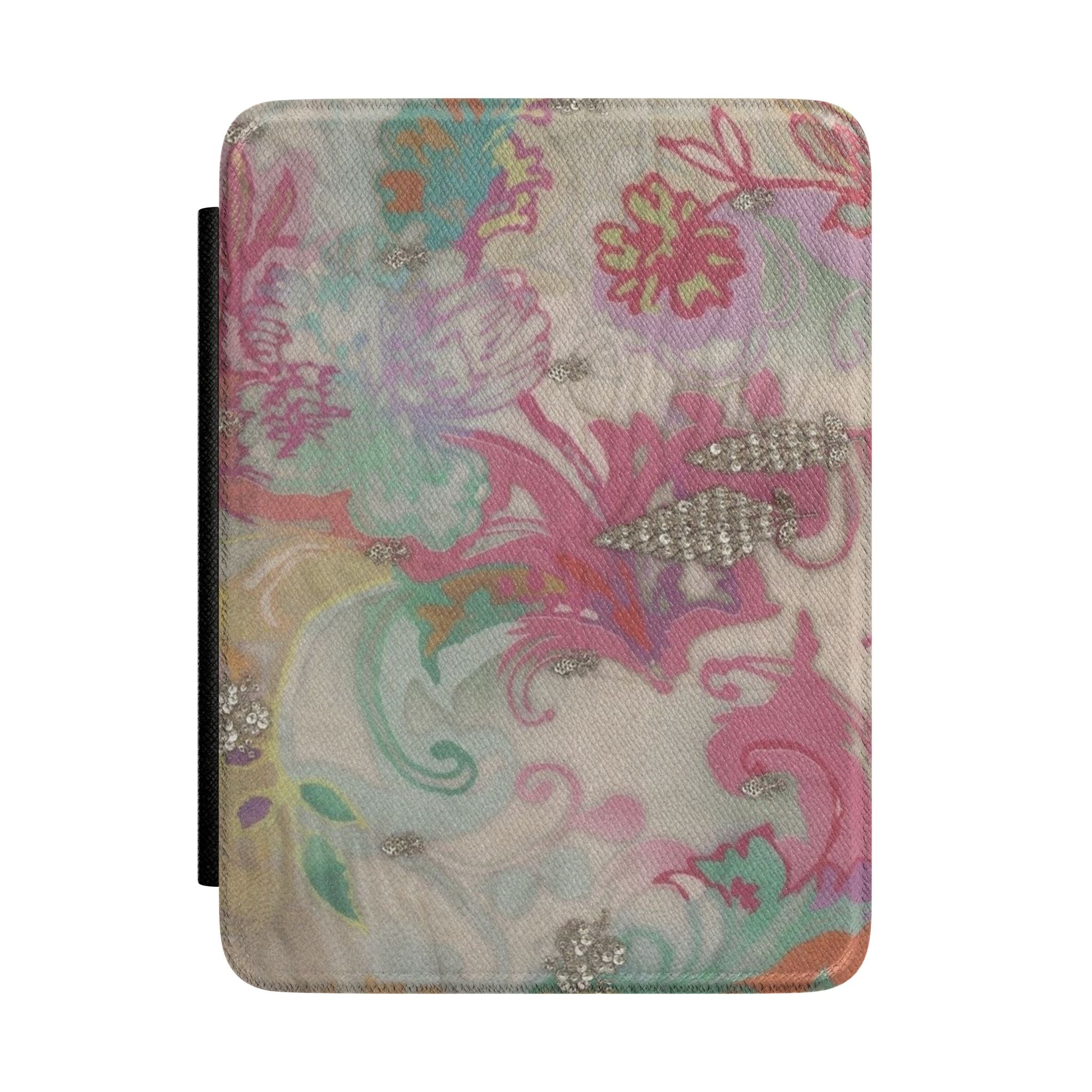Hardcover Kindle case with colorful floral pattern and glitter accents