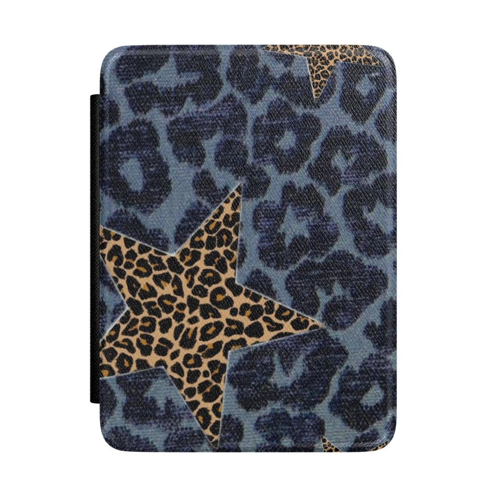 Hardcover Kindle case with blue animal print and leopard star patch front