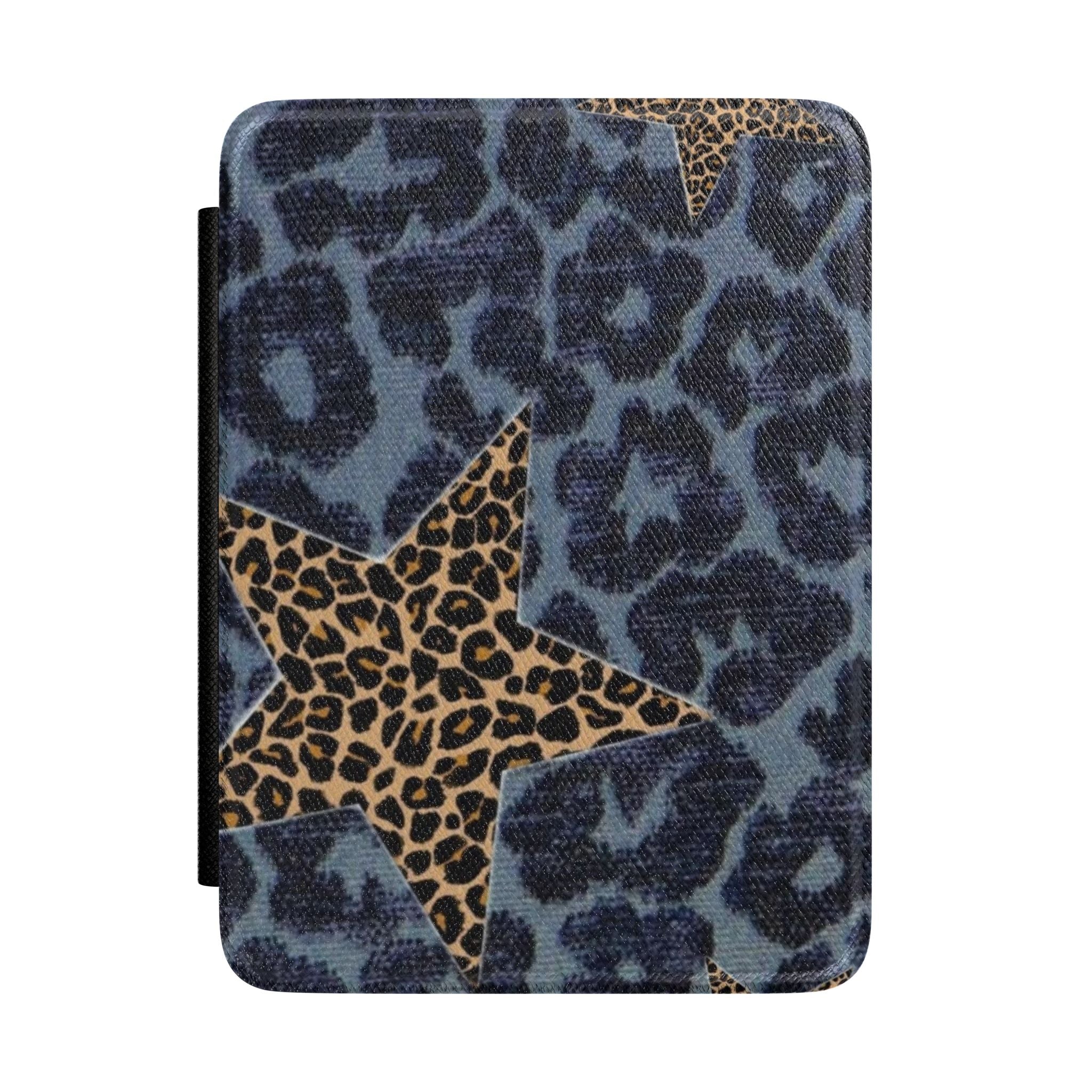 Hardcover Kindle case with blue animal print and leopard star patch front