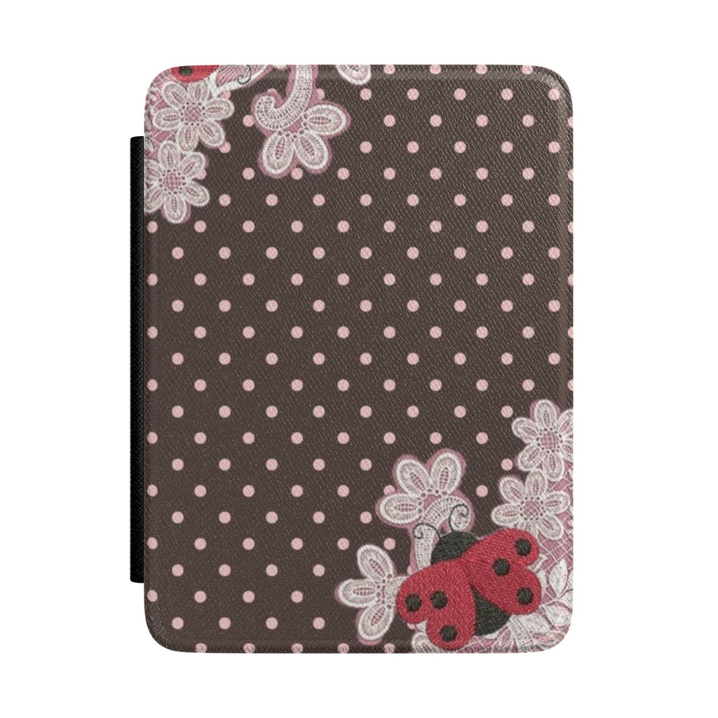 Hardcover Kindle case with pink polka dots and lace ladybug applique on dark brown