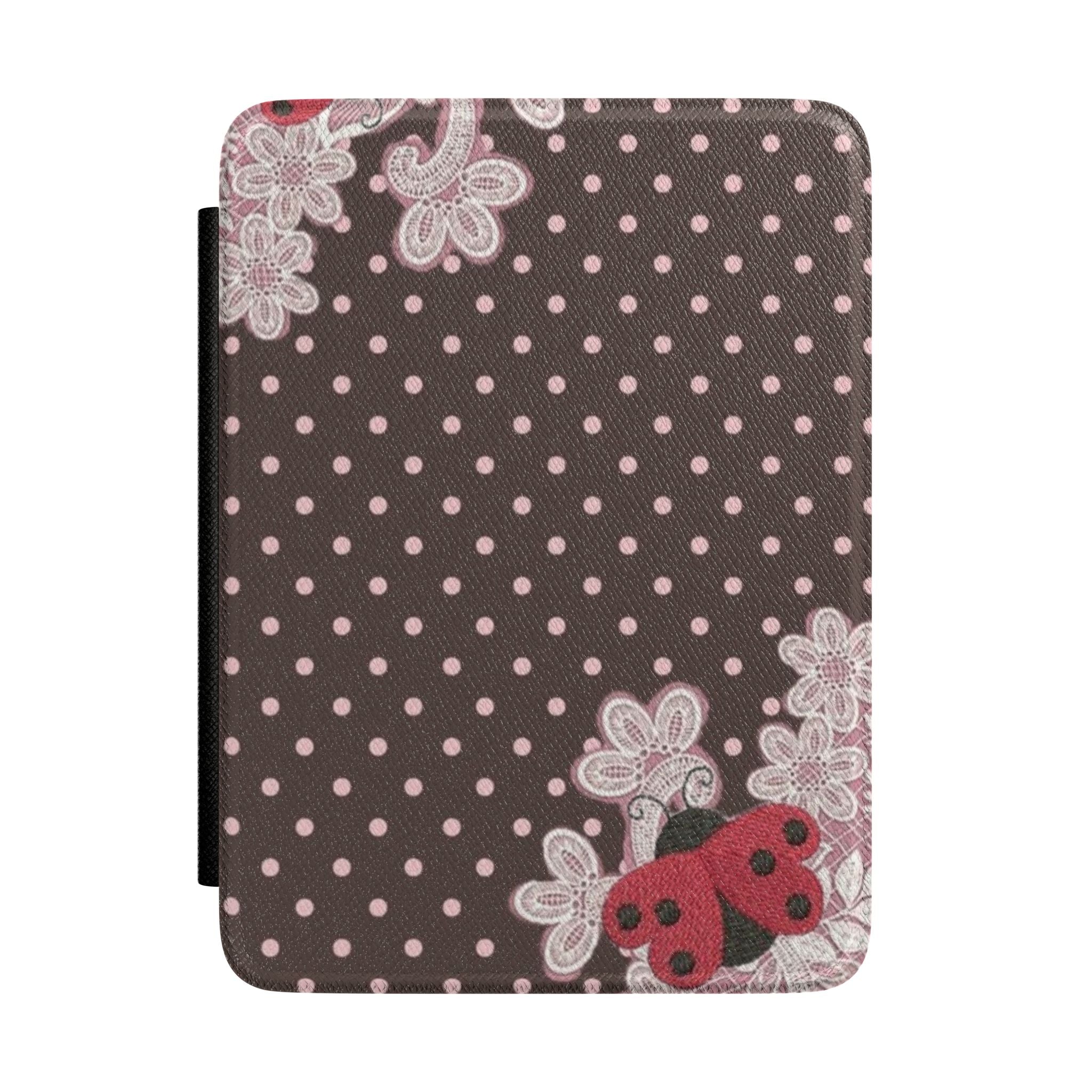 Hardcover Kindle case with pink polka dots and lace ladybug applique on dark brown