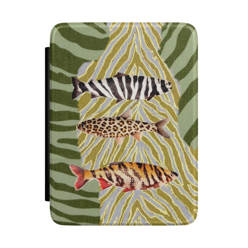 Hardcover Kindle case with green zebra and fish pattern