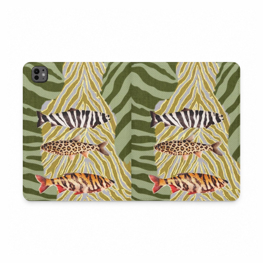WILD CATCH tablet folio case, green zebra animal print with camera cutout