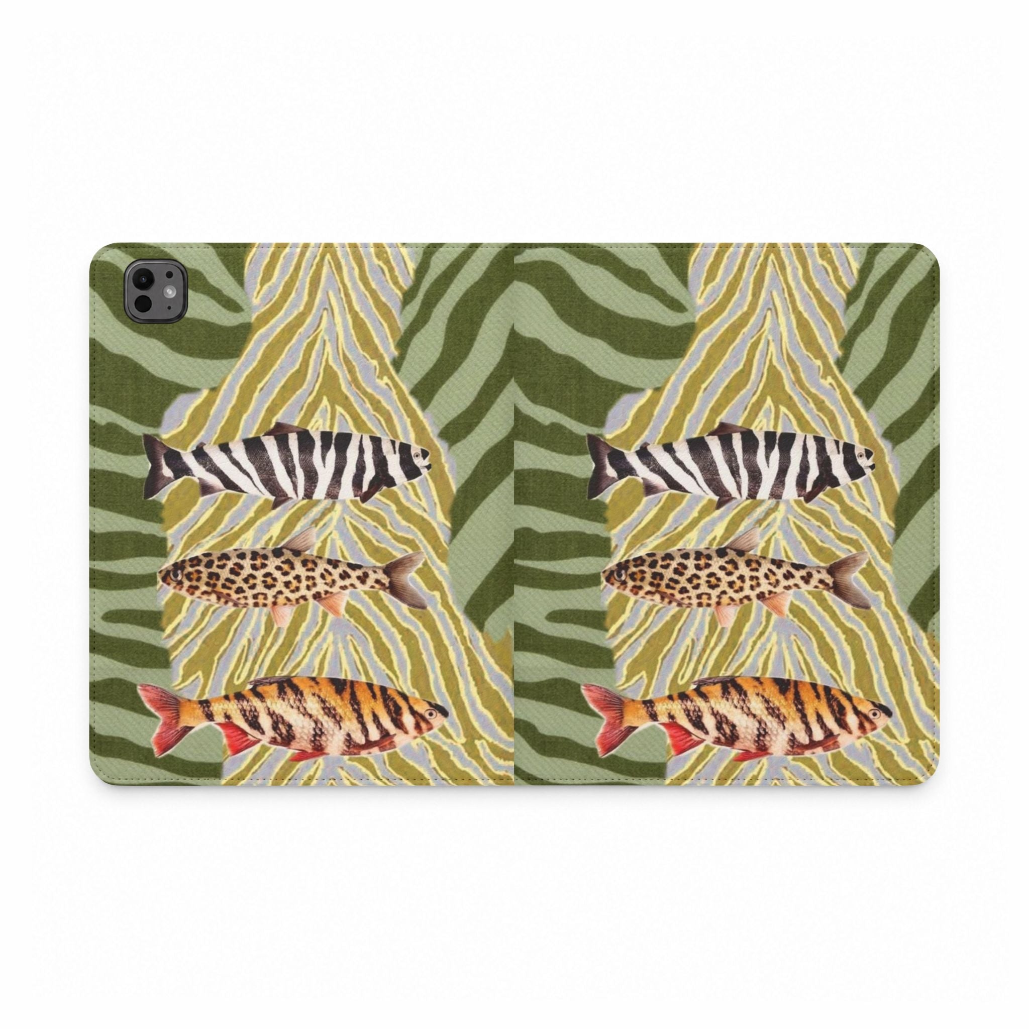WILD CATCH tablet folio case, green zebra animal print with camera cutout