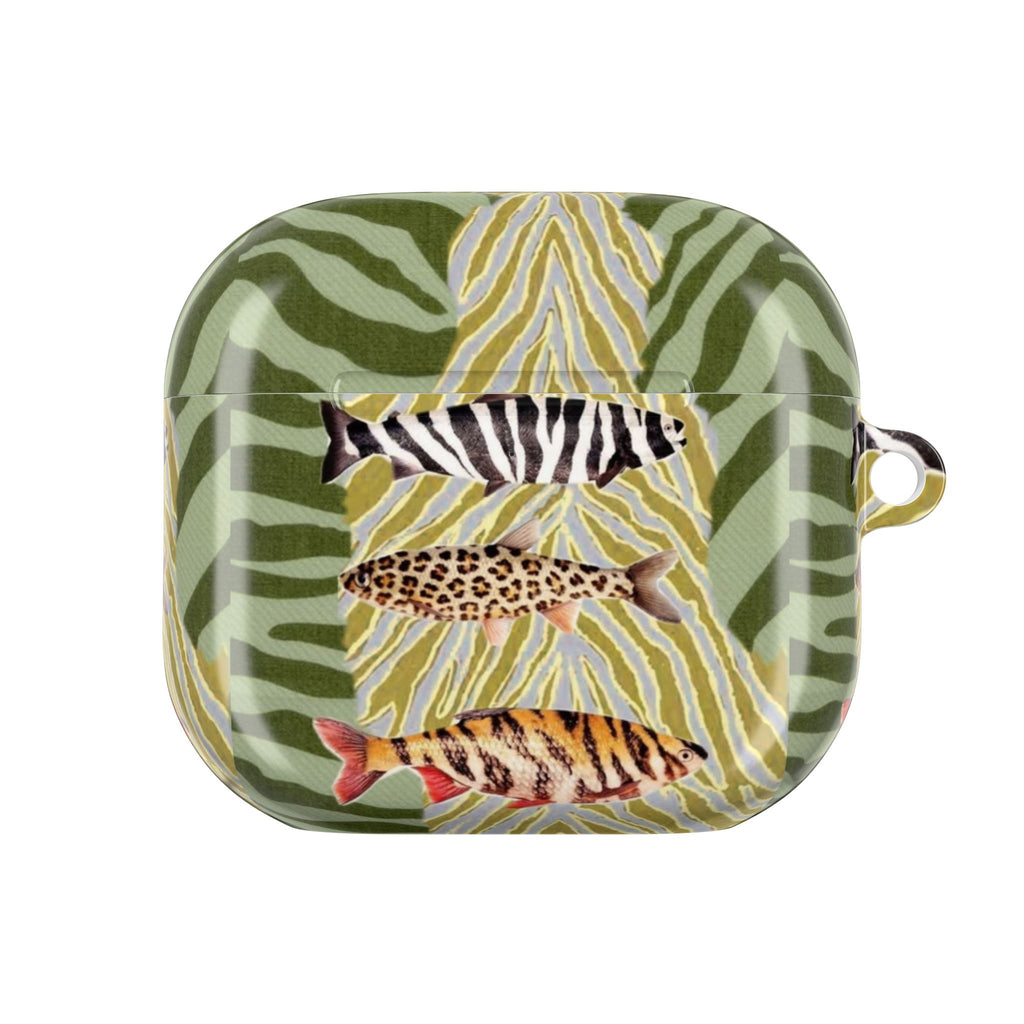 AirPods case with green zebra and leopard pattern, clear top view, keychain ring