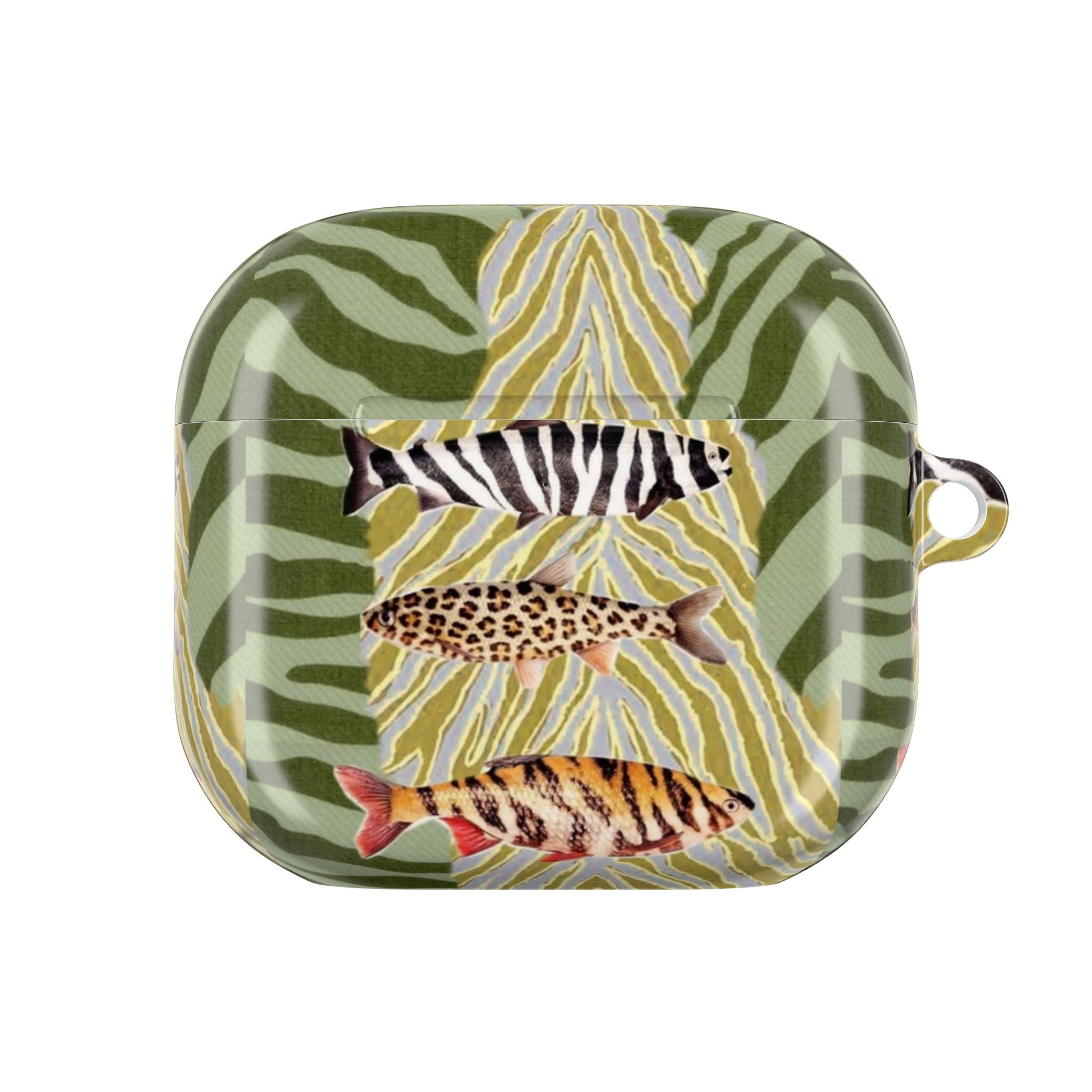 AirPods case with green zebra and leopard pattern, clear top view, keychain ring
