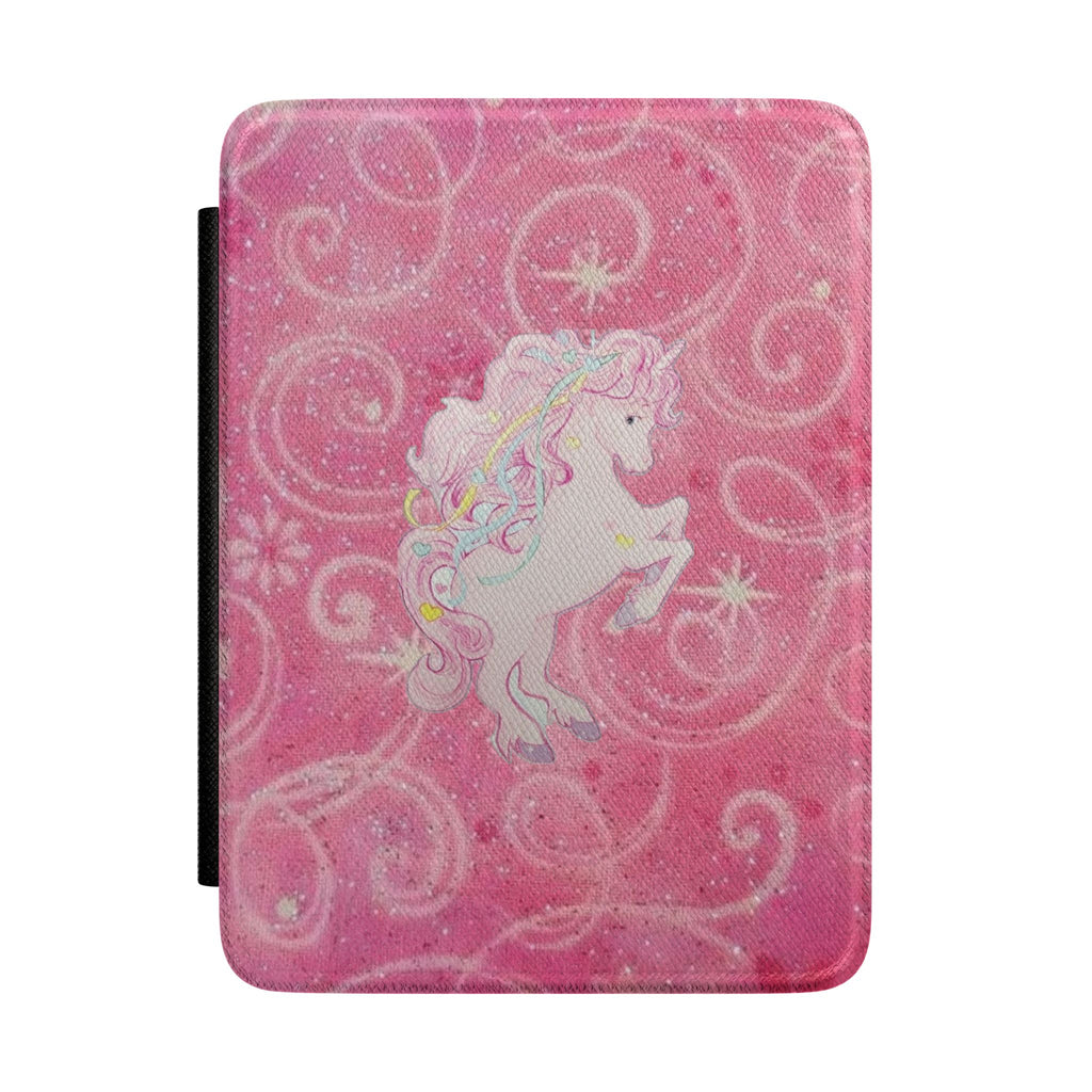 Pink glitter unicorn Kindle hardcover case with sparkly swirl pattern