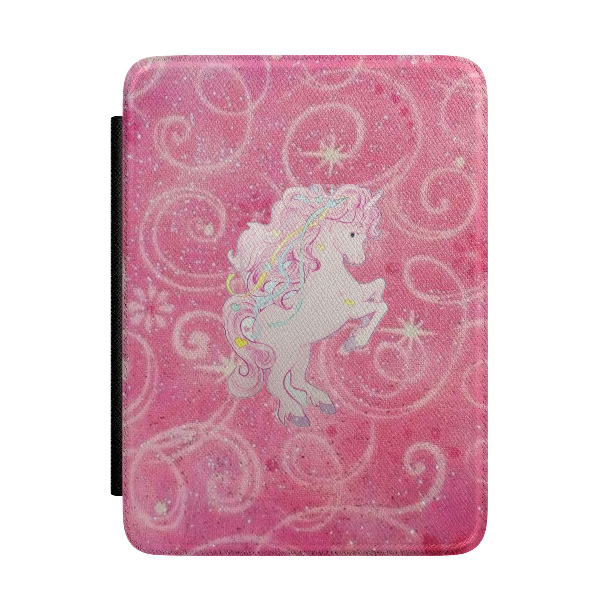 Pink glitter unicorn Kindle hardcover case with sparkly swirl pattern