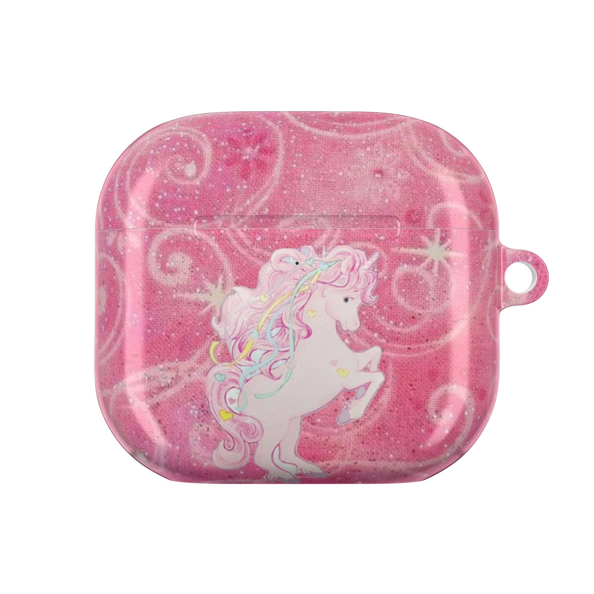 Pink glitter unicorn AirPods case with clear front and side handle loop