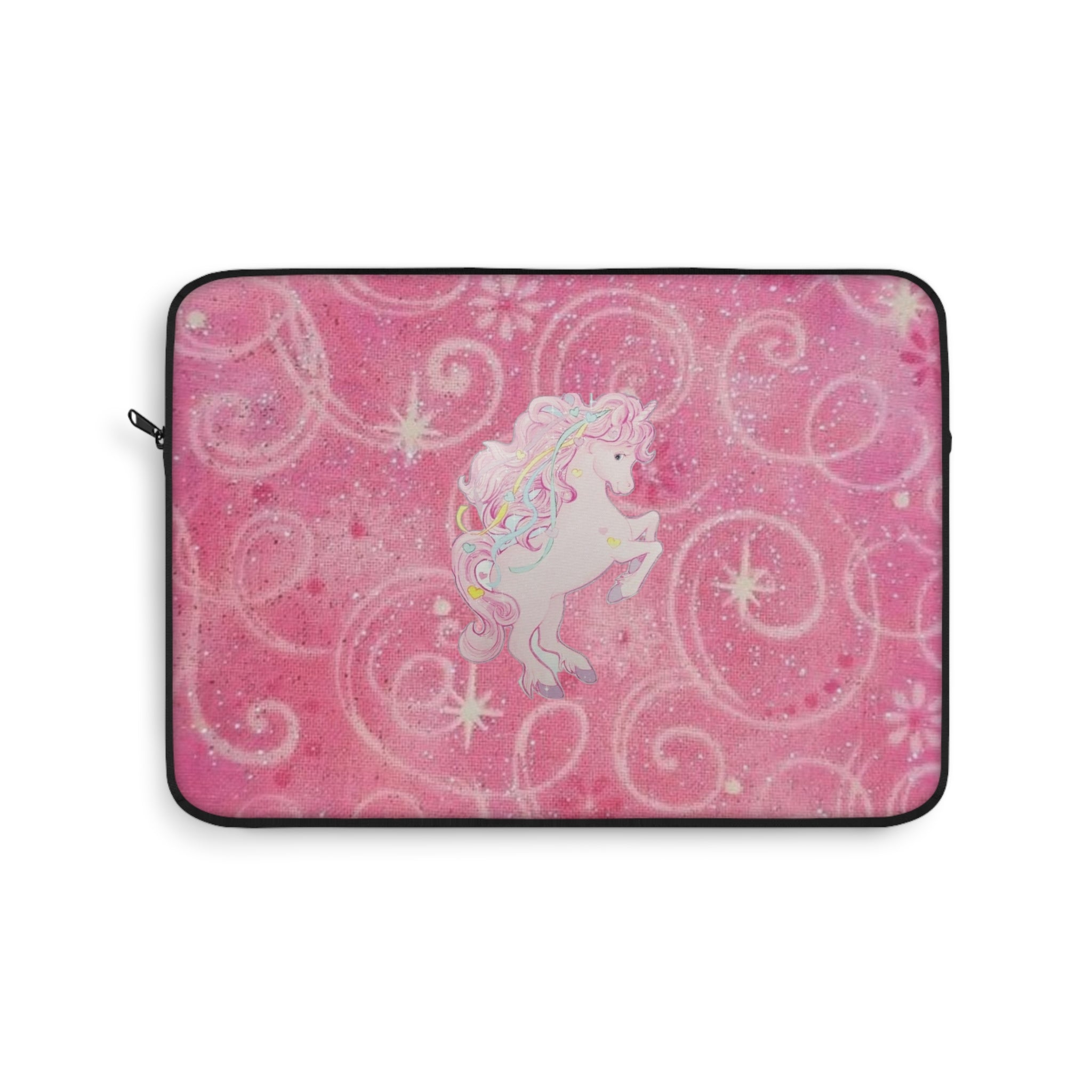 Pink glitter unicorn tablet sleeve with centered unicorn graphic and black trim