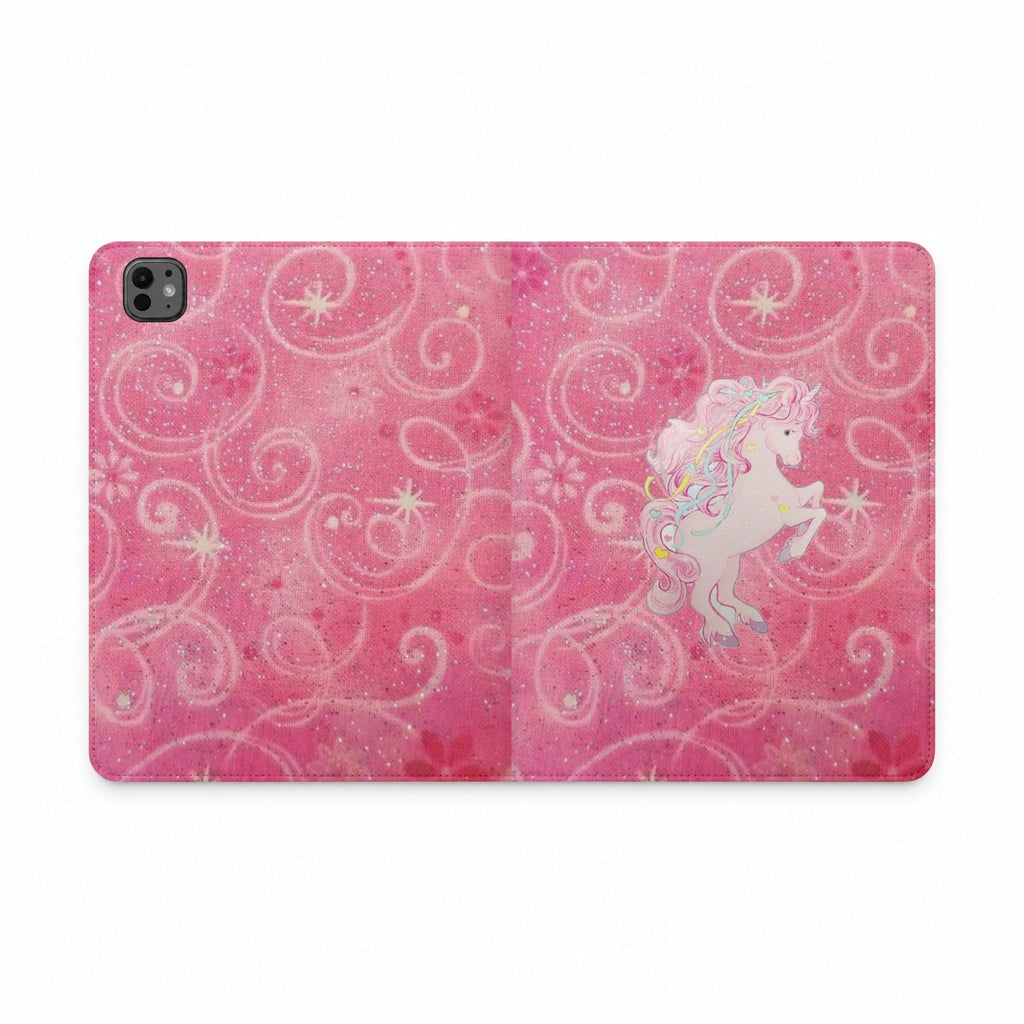 Pink glitter tablet folio case with unicorn design and camera cutout