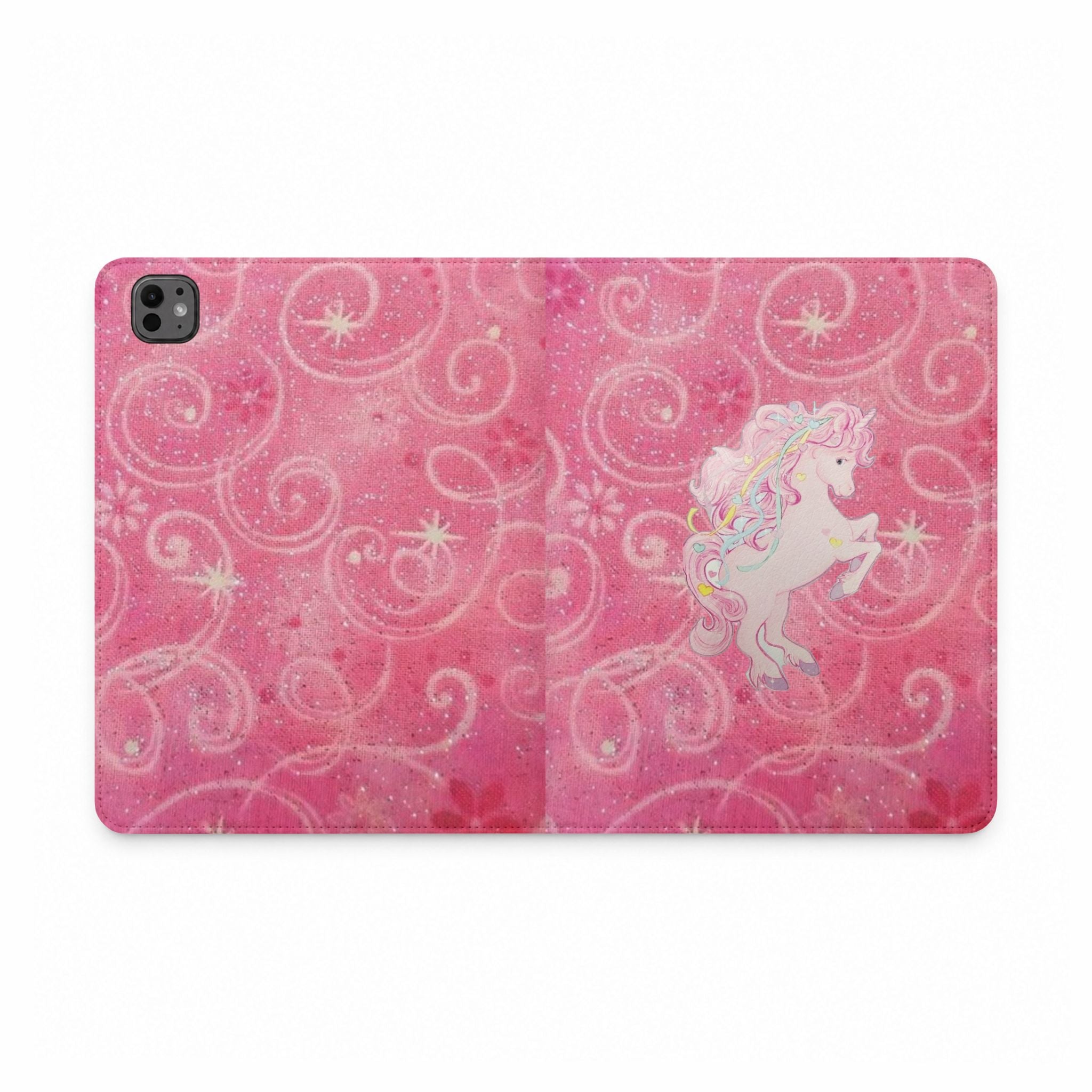 Pink glitter tablet folio case with unicorn design and camera cutout
