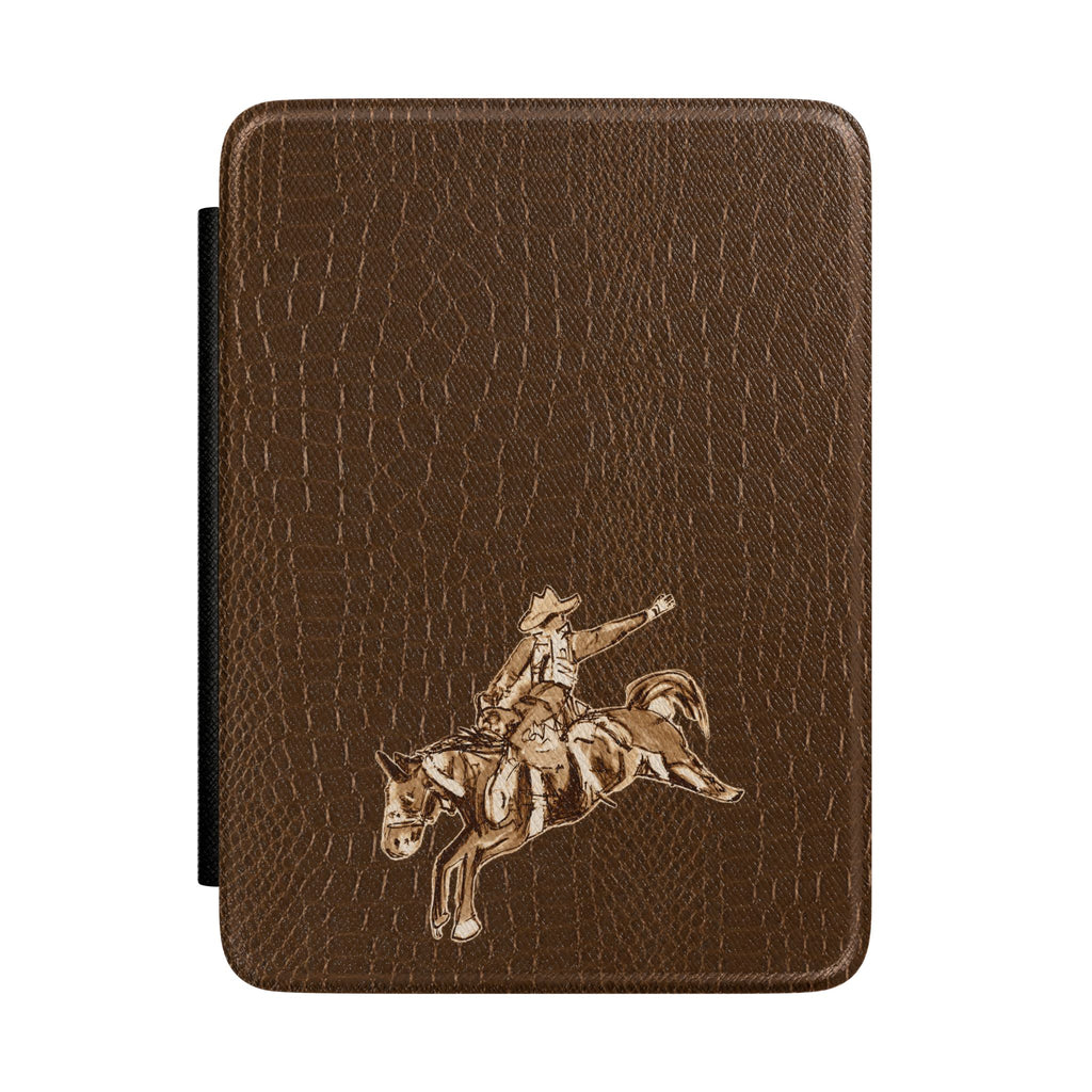 Brown croc-pattern western cowboy rodeo hardcover Kindle case with illustrated horse rider