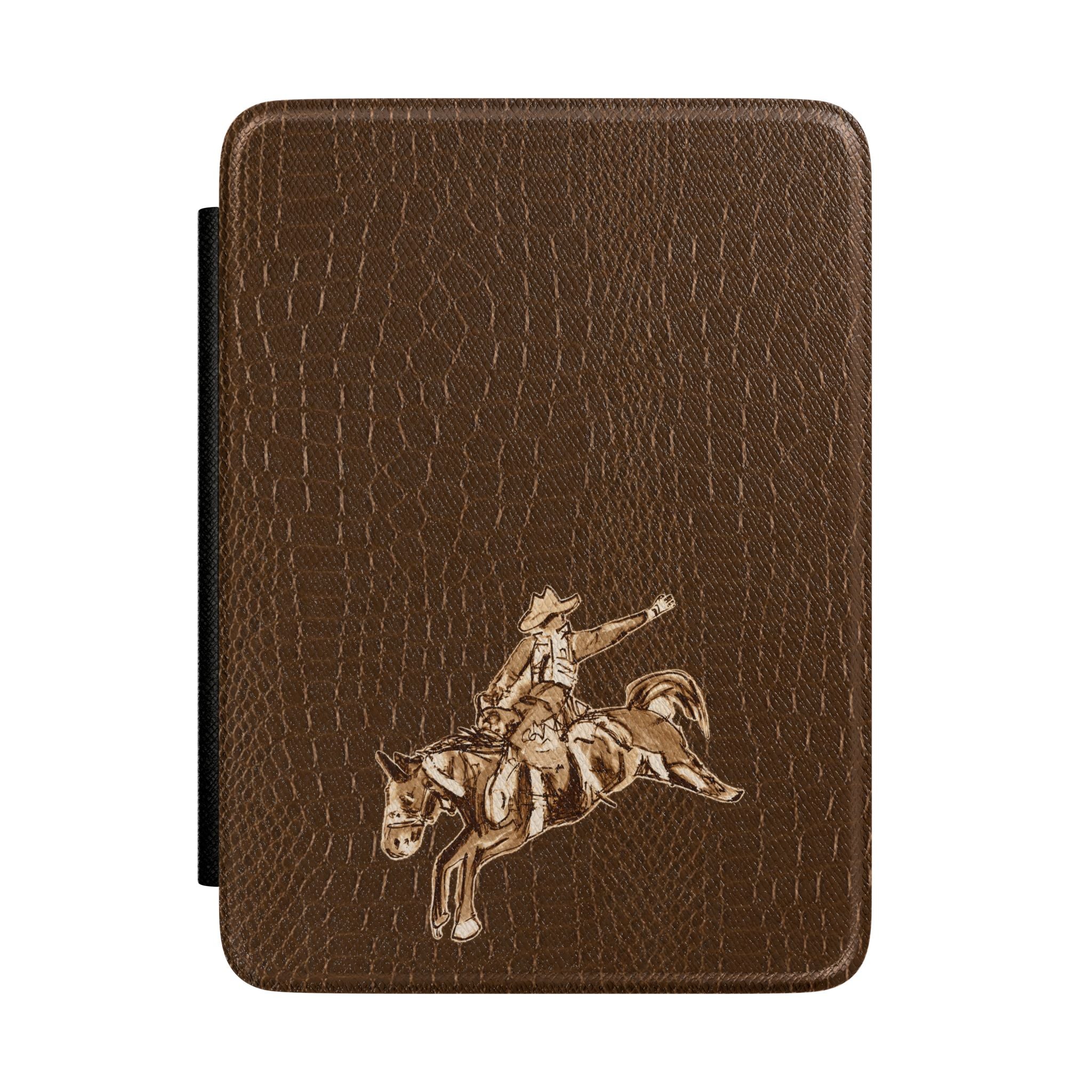 Brown croc-pattern western cowboy rodeo hardcover Kindle case with illustrated horse rider