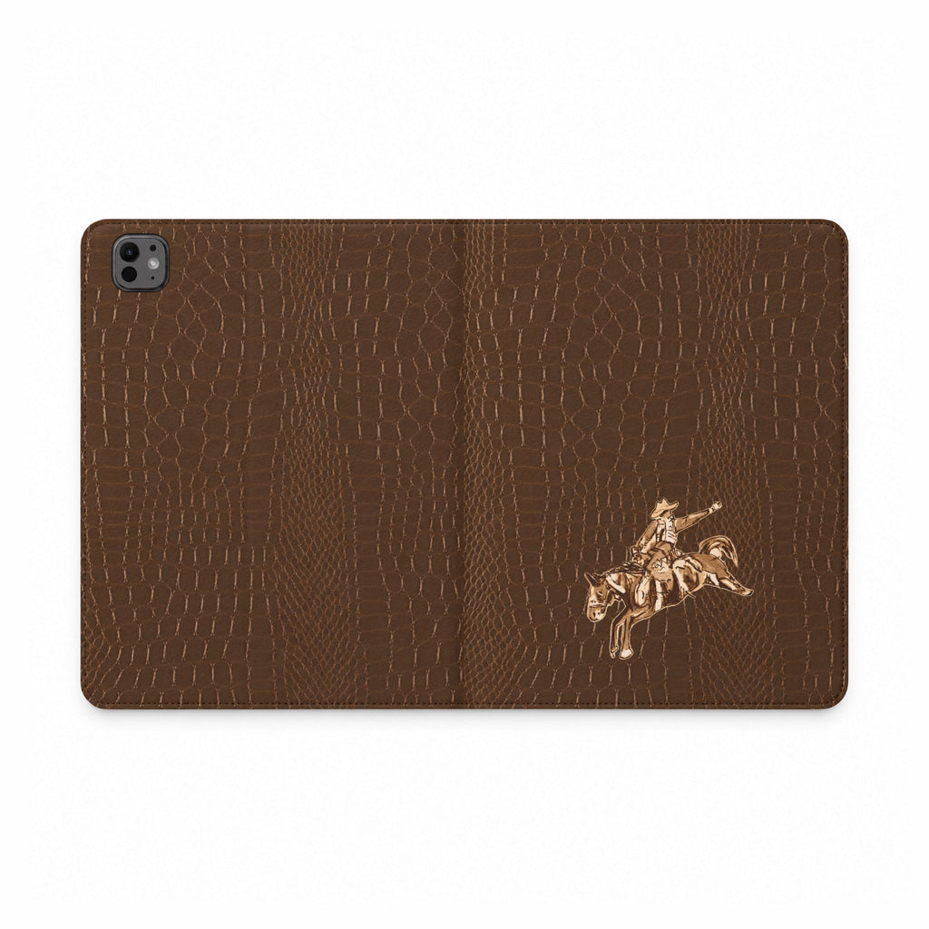 Brown crocodile-texture iPad folio case with gold western cowboy on horse