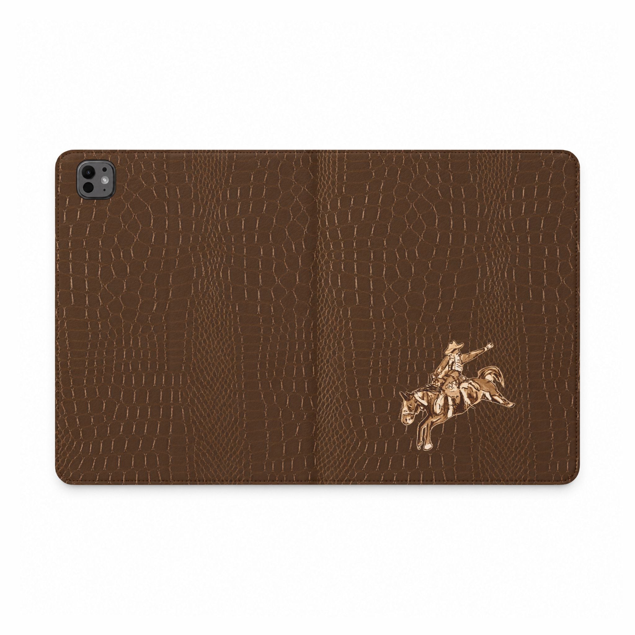 Brown crocodile-texture iPad folio case with gold western cowboy on horse