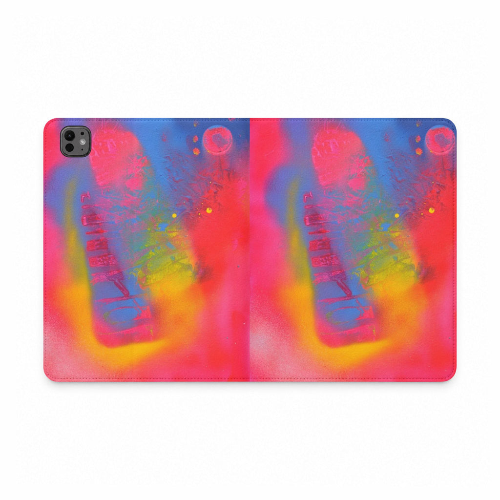 Glowing iPad tablet folio case with colorful abstract back and camera cutout