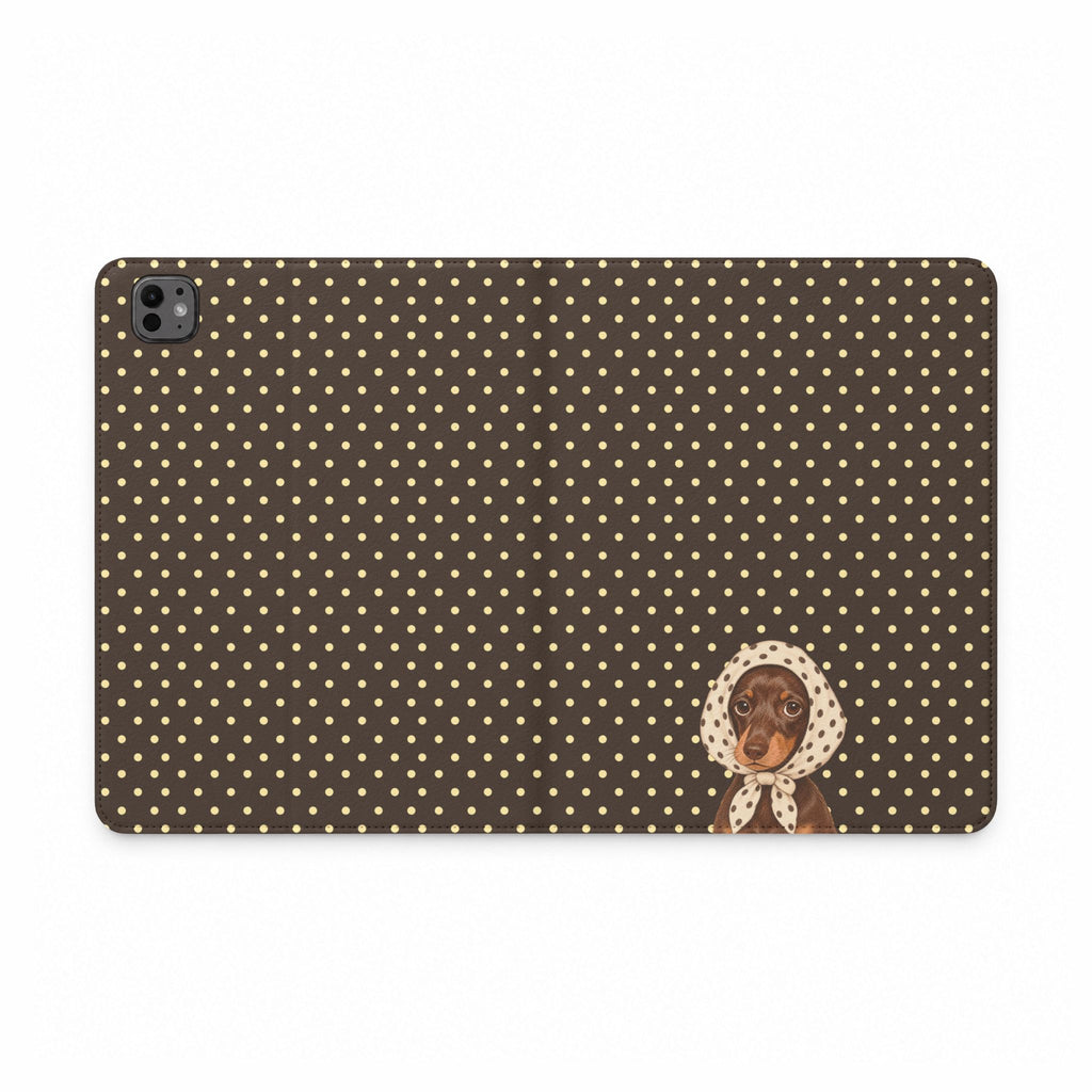BROWN POLKA DOTS PREPPY SCARF DACHSHUND IPAD TABLET FOLIO CASE