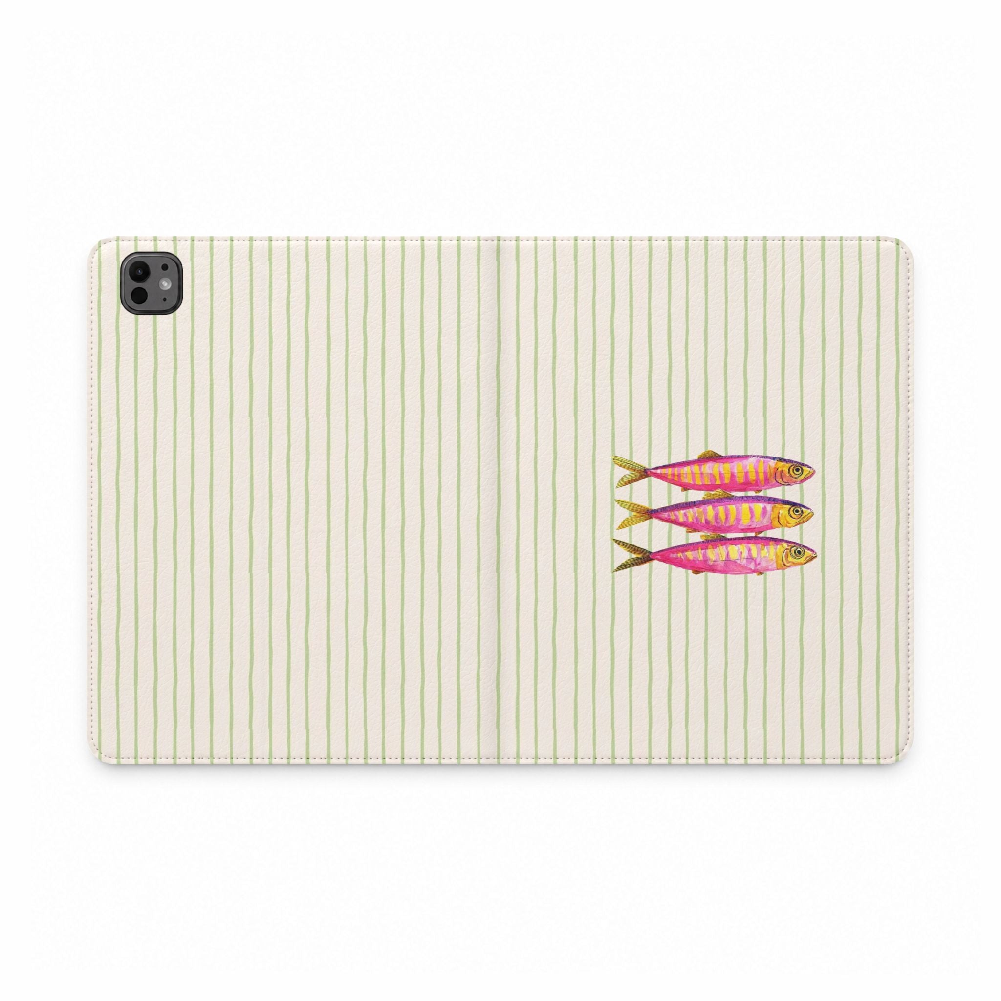 GREEN STRIPES PINK SARDINES IPAD TABLET FOLIO CASE