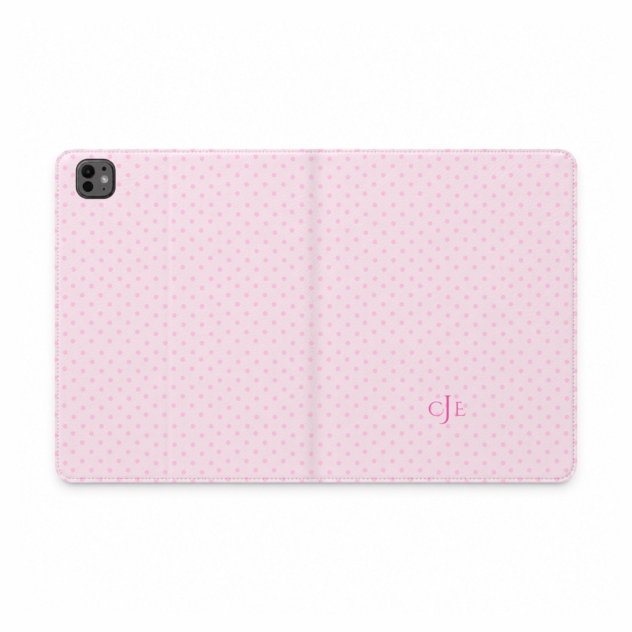 PERSONALIZED PINK POLKA DOTS MONOGRAM INITIALS CUSTOM NAME IPAD TABLET FOLIO CASE