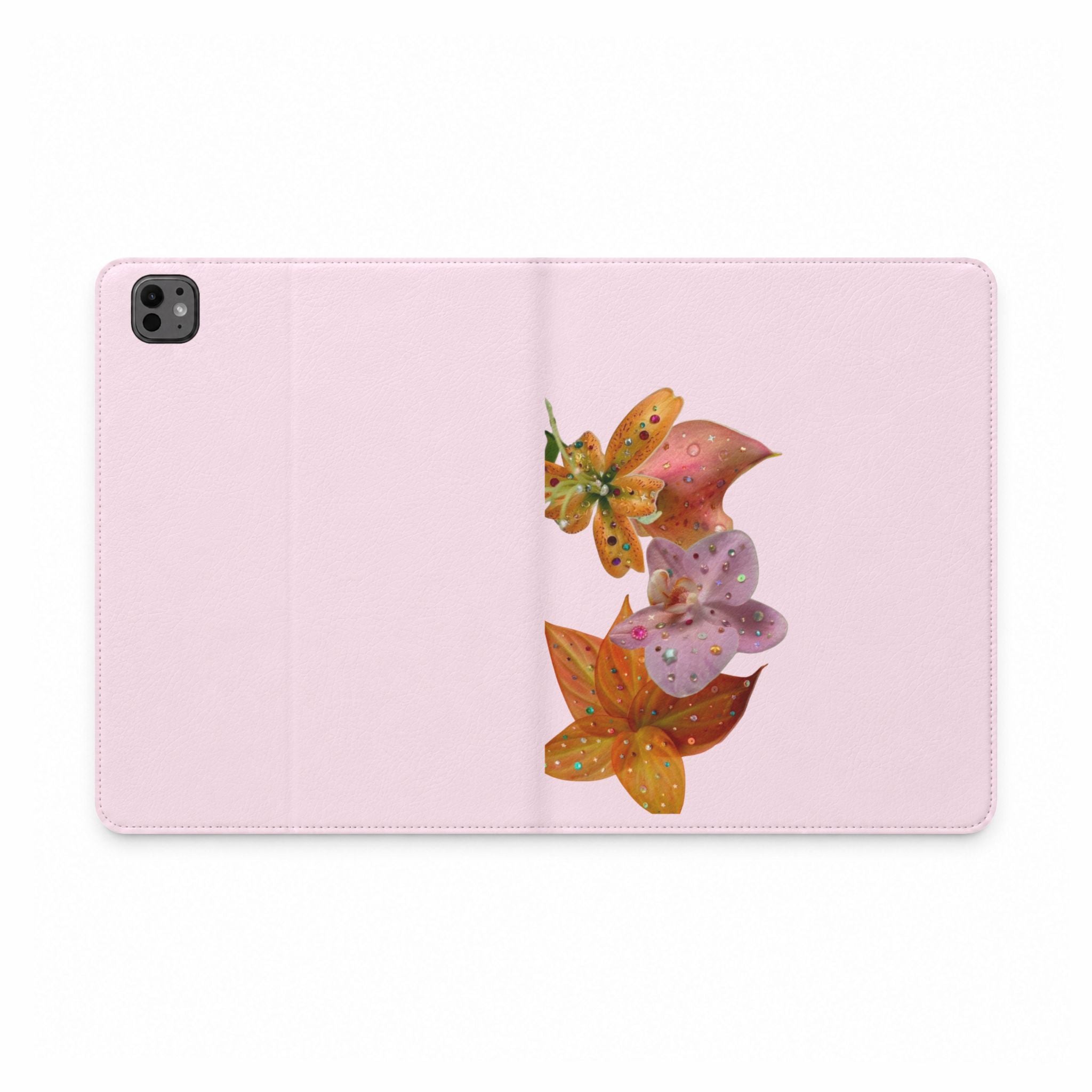 PINK EMBELLISHED LILY FLOWERS IPAD TABLET FOLIO CASE