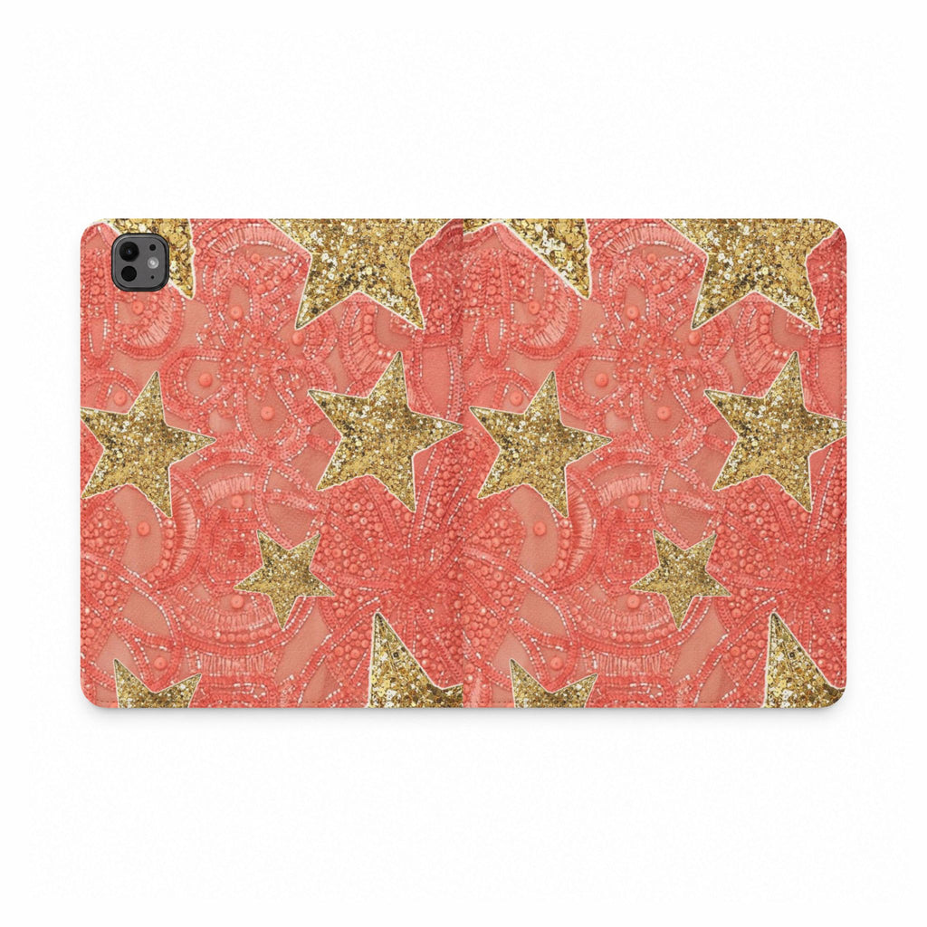 CORAL CRUSH EMBELLISHED GOLD STARS IPAD TABLET FOLIO CASE