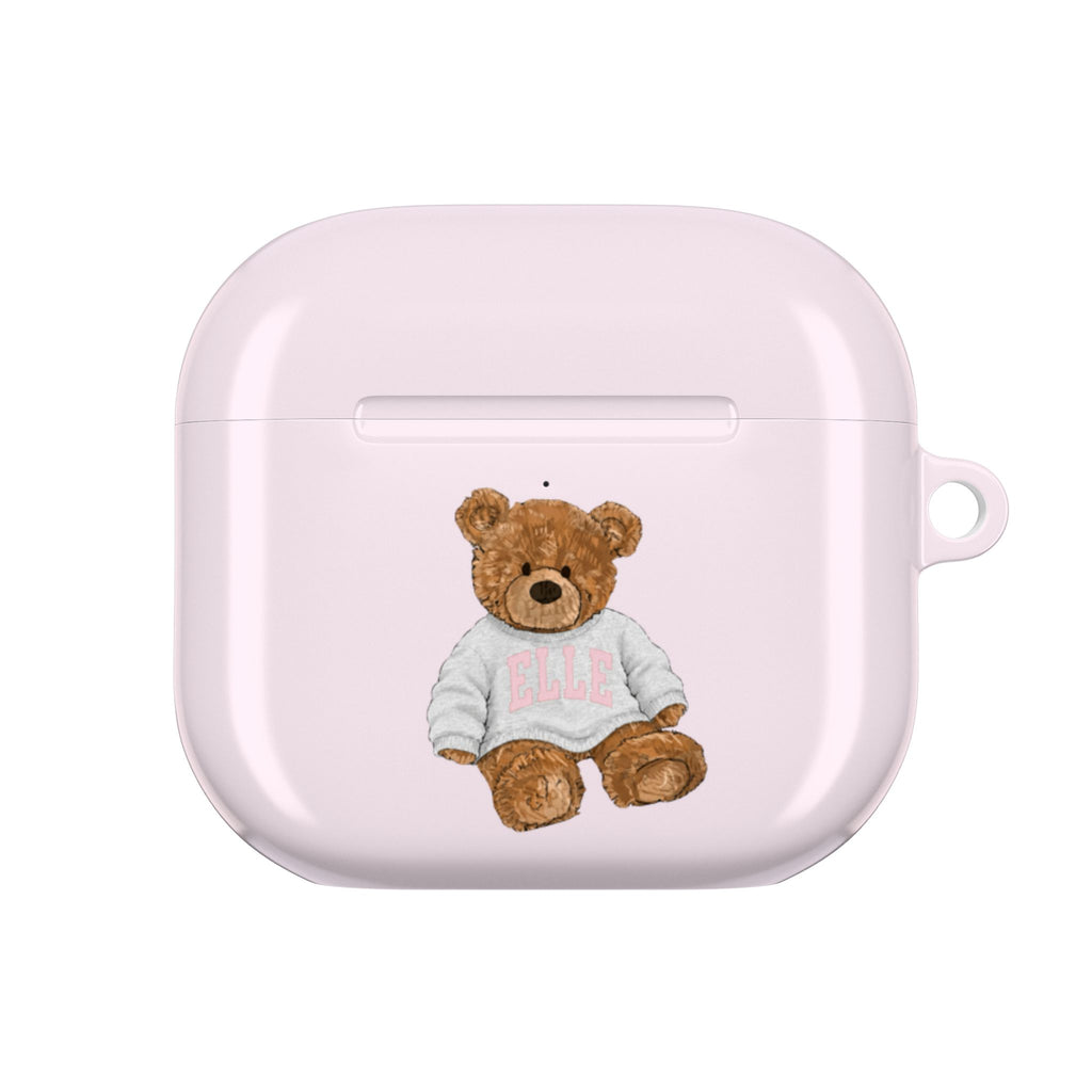 PERSONALIZED VARSITY SWEATER BABY PINK CUSTOM TEDDY BEAR NAME AIRPOD CASE
