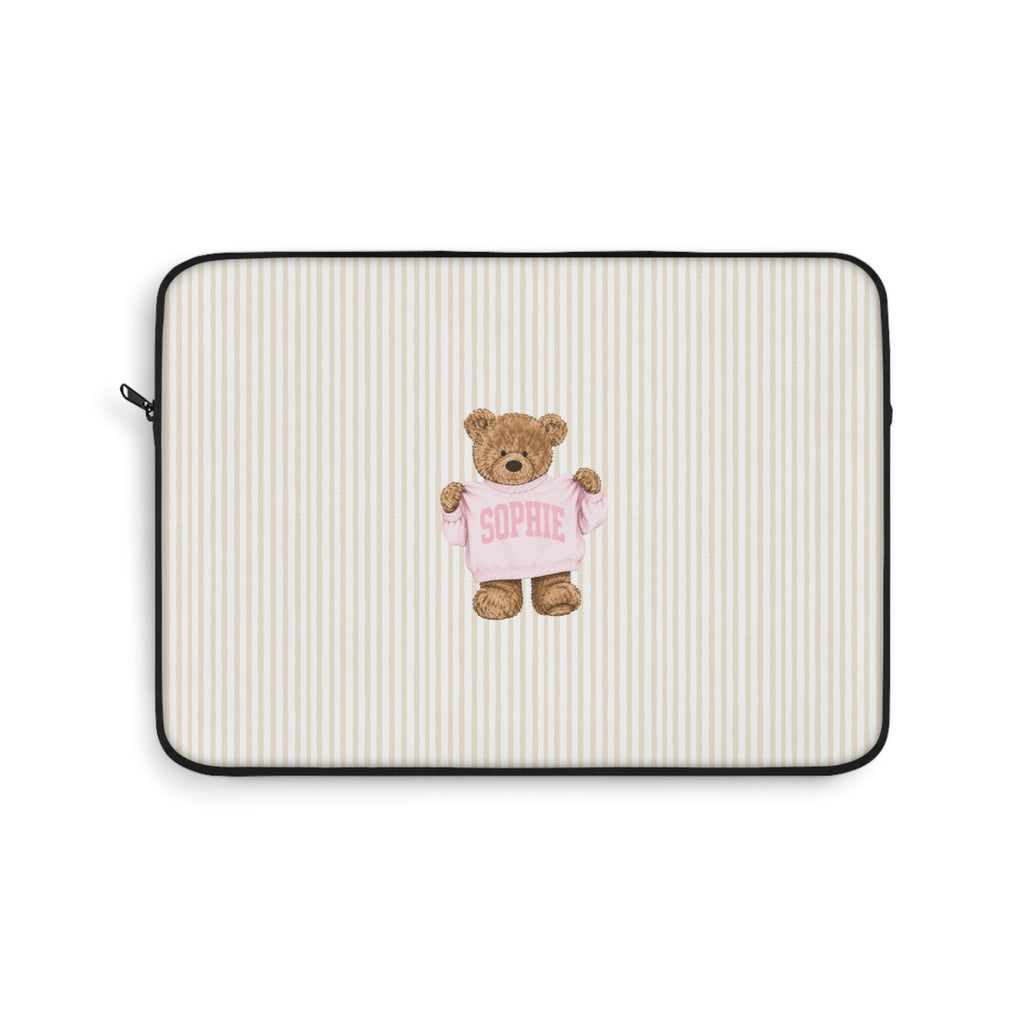 PERSONALIZED VARSITY SWEATER BEIGE STRIPES CUSTOM TEDDY BEAR NAME IPAD & LAPTOP SLEEVE