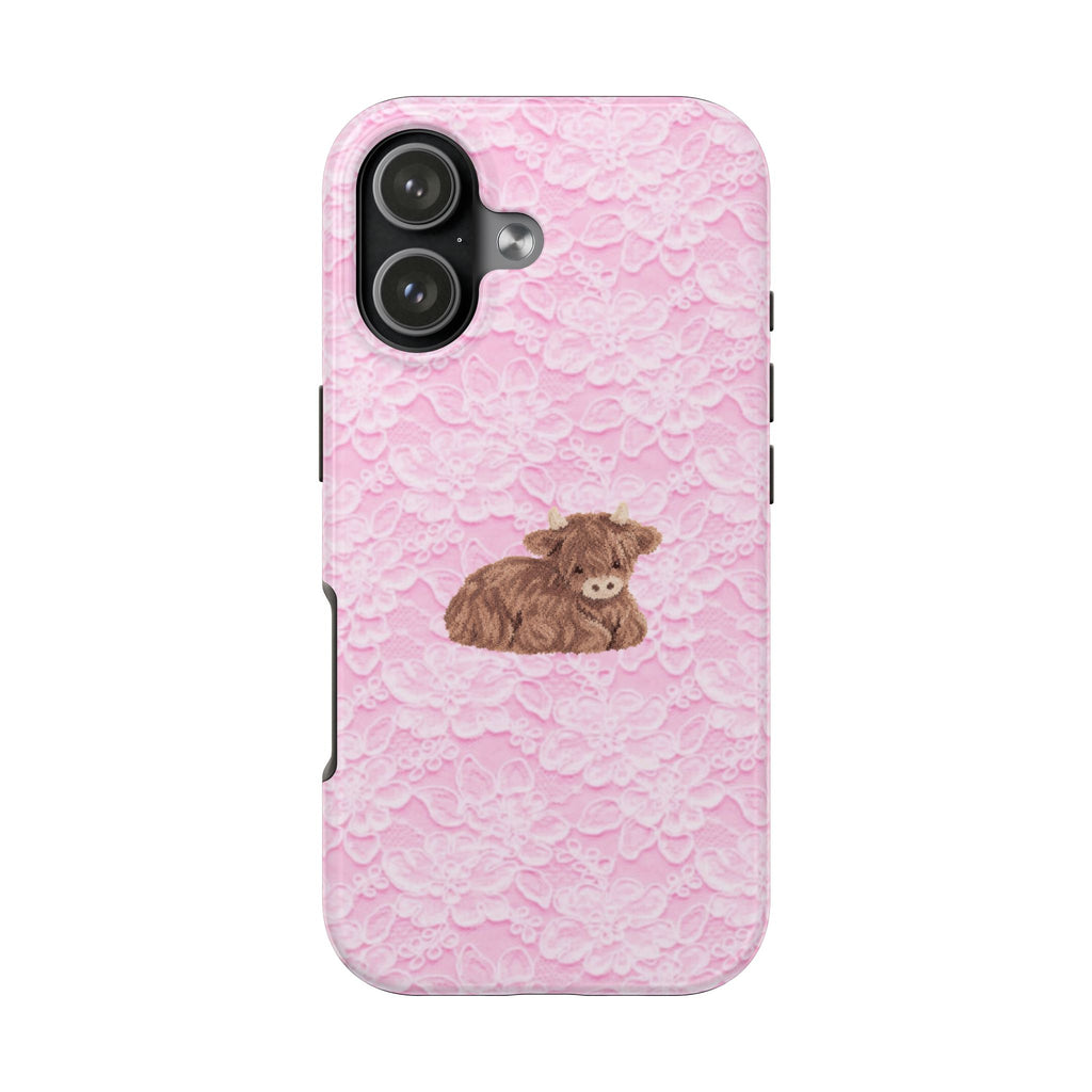PINK LACE HIGHLAND COW PHONE CASE