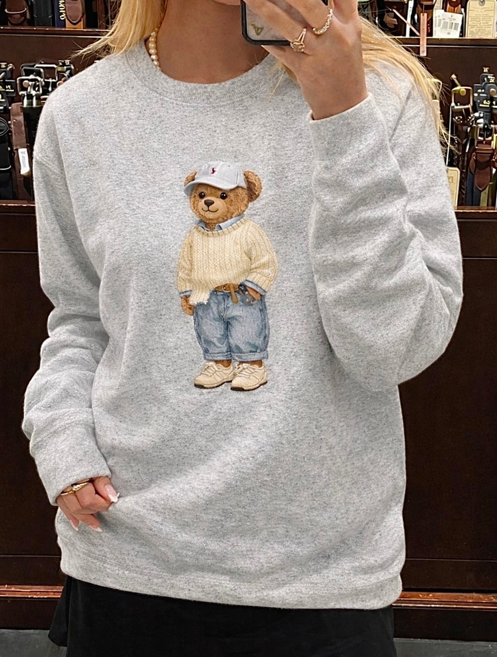 GRAY RL TEDDY BEAR COZY CLUB CREWNECK