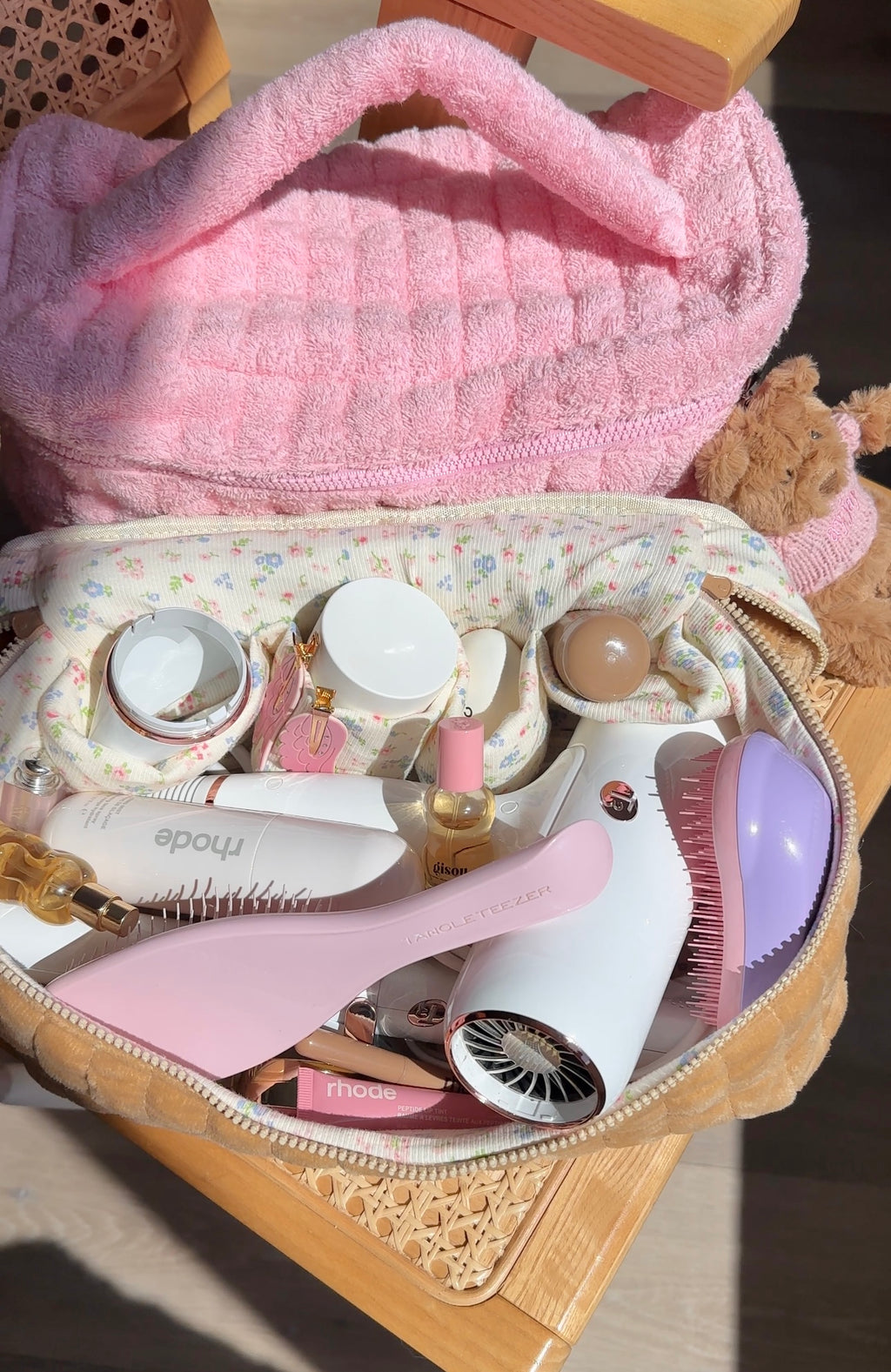 TAN FLORAL HAIRTOOL VANITY BAG