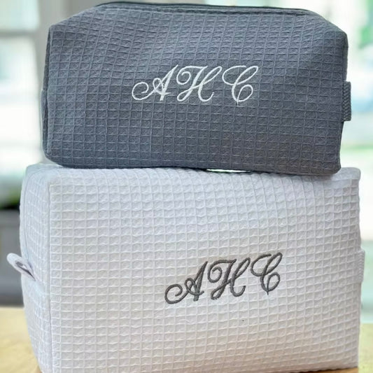 GREY WAFFLE KNIT WHITE PERSONALIZED INITALS BAG