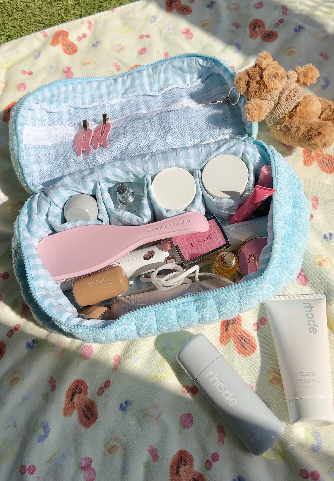 BABY BLUE GINGHAM HAIRTOOL VANITY BAG
