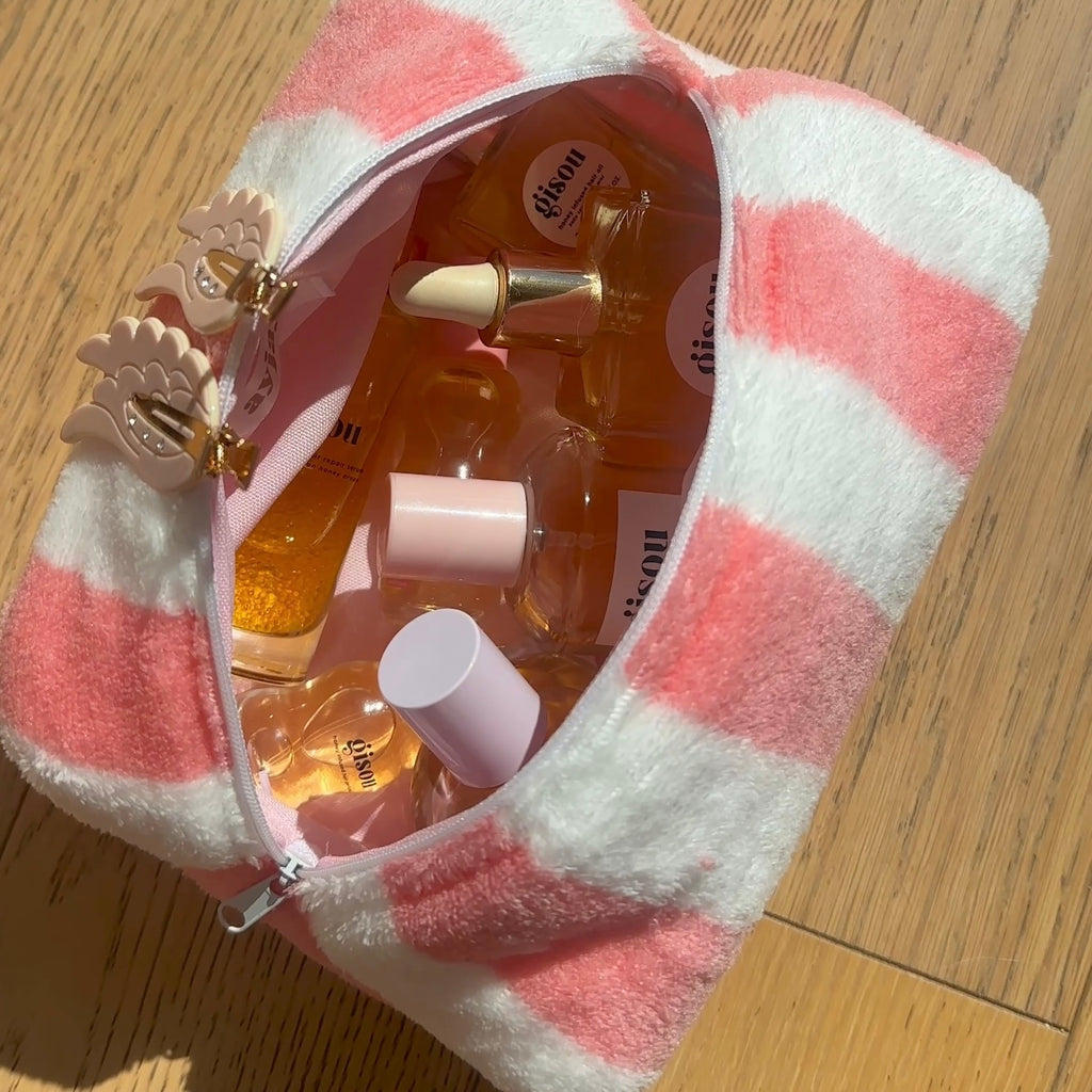 CORAL CANDY CANE STRIPES MAKEUP BAG