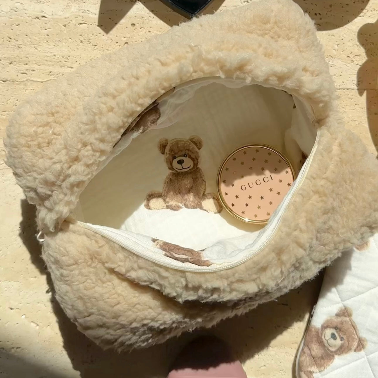 BROWN SHERPA CUTE MAKEUP COSMETICS BAG TEDDY BEAR