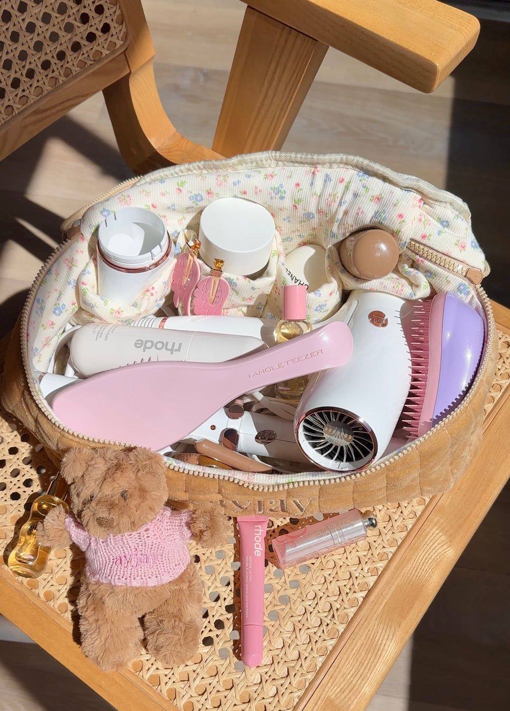 TAN FLORAL HAIRTOOL VANITY BAG