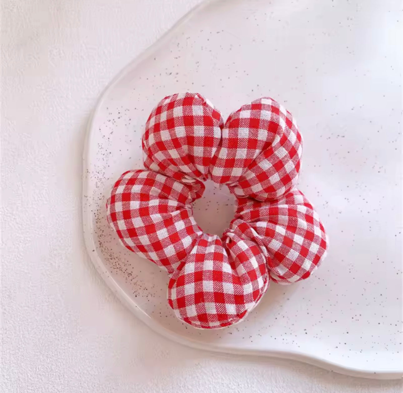 RED GINGHAM FLOWER SCRUNCHIE