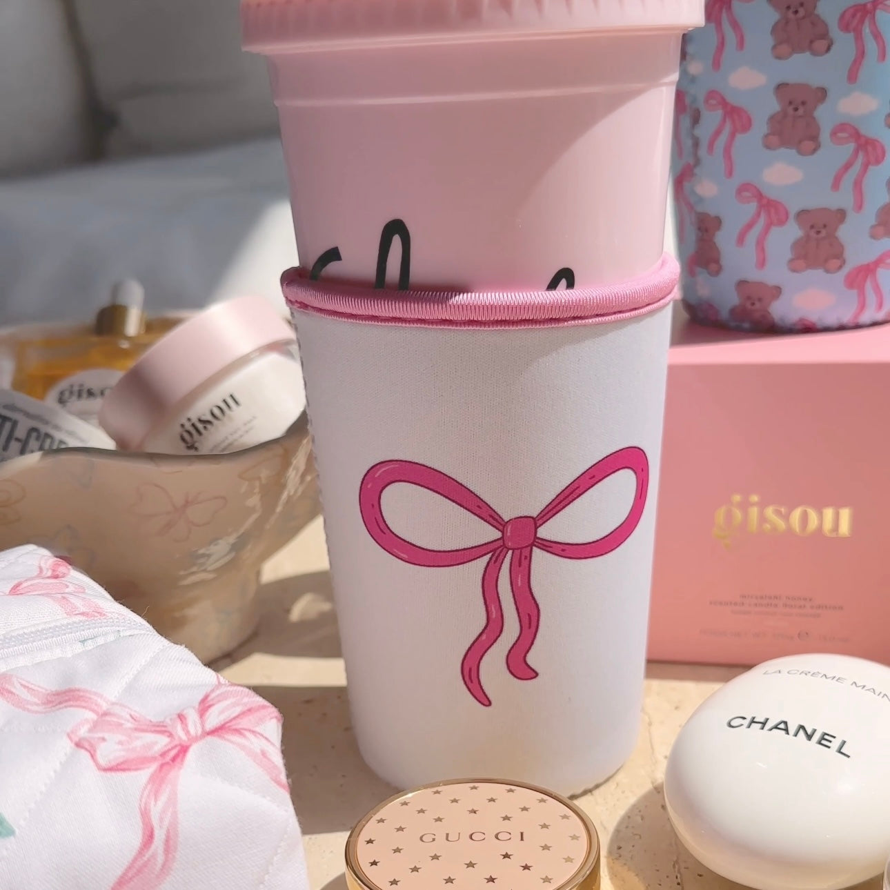 PINK BOW COQUETTE ICED COFFEE COOZIE THERMAL