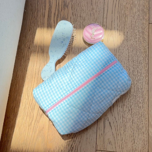BLUE GINGHAM MAKEUP BAG