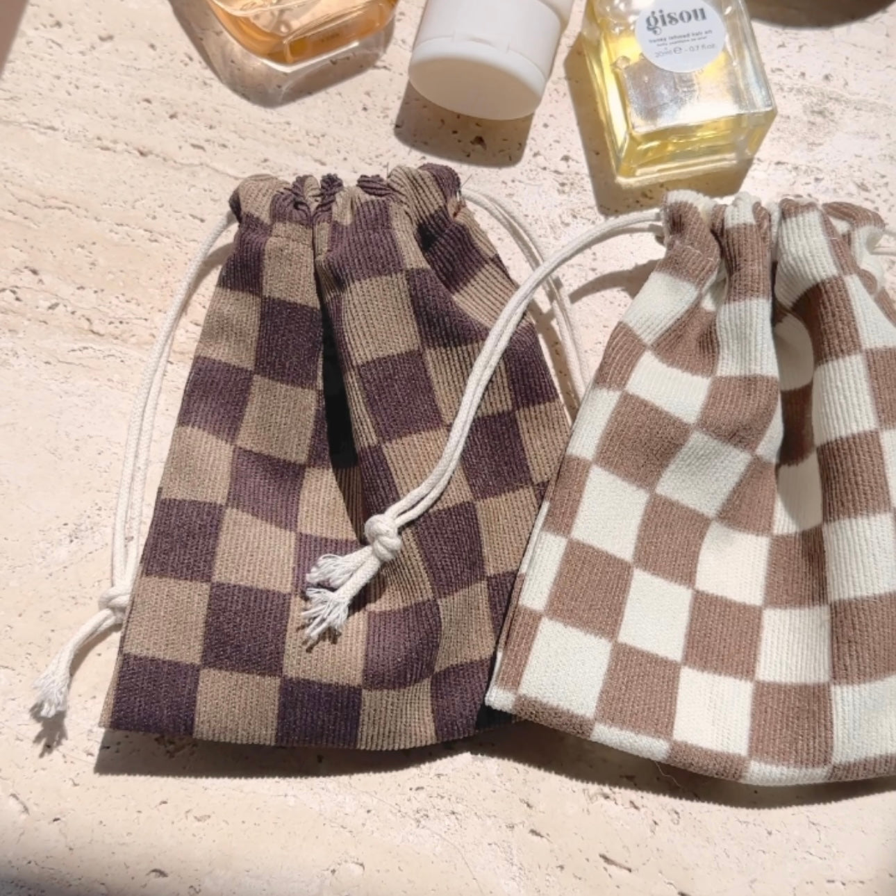 DARK BROWN GINGHAM MINI DRAWSTRING BAG-AYJAY