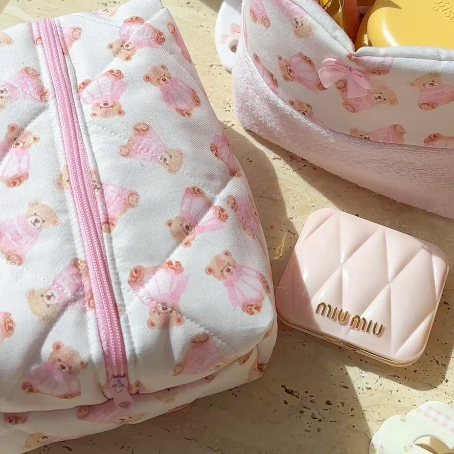 TEDDY BEAR PINK CHRISTMAS SWEATER MAKEUP BAG