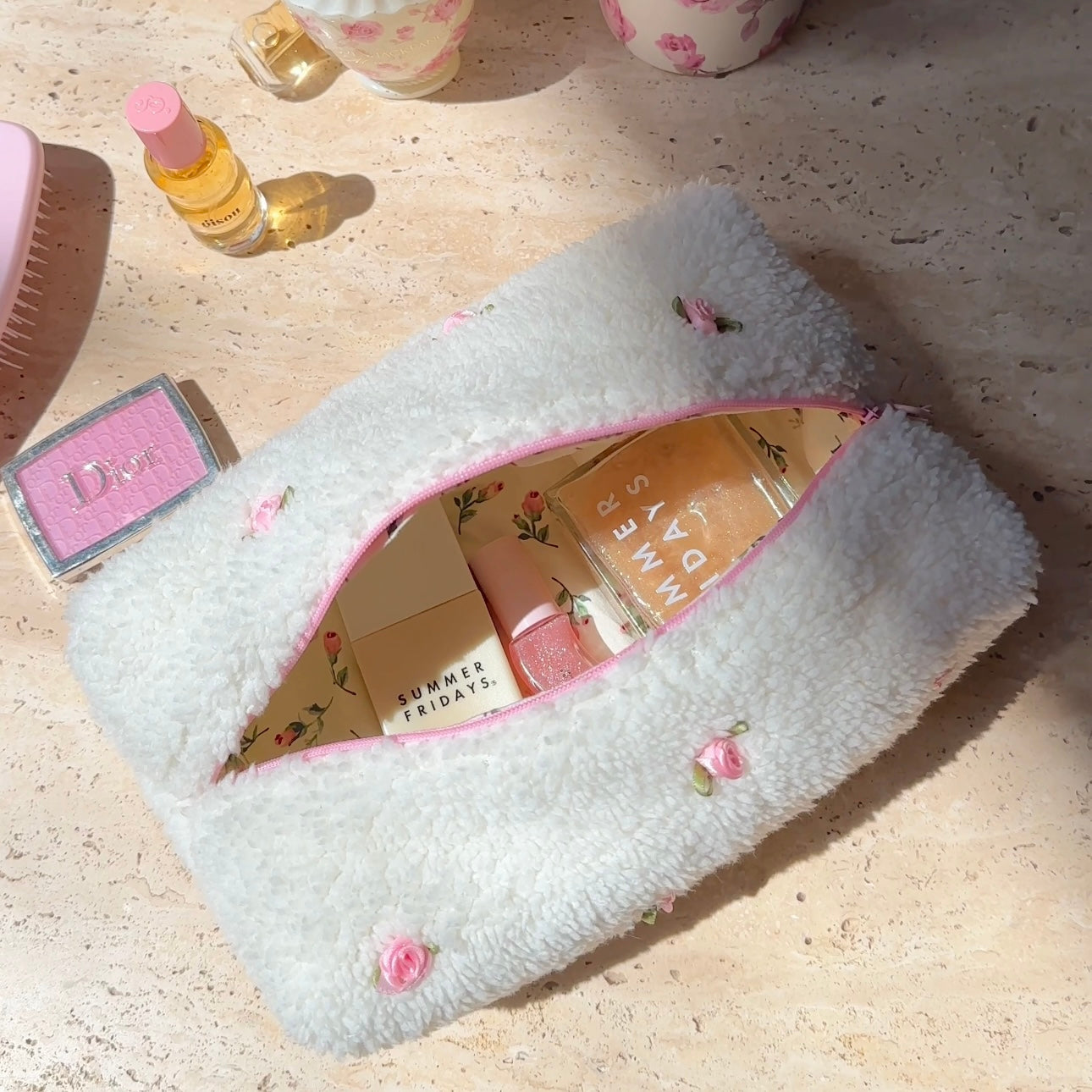 LIMITED EDITION CREAM ROSEBUDS MAKEUP BAG