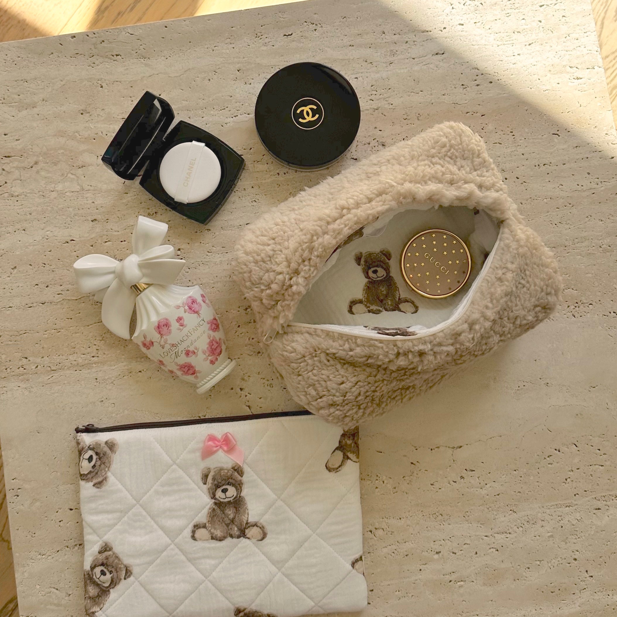 BROWN SHERPA CUTE MAKEUP COSMETICS BAG TEDDY BEAR