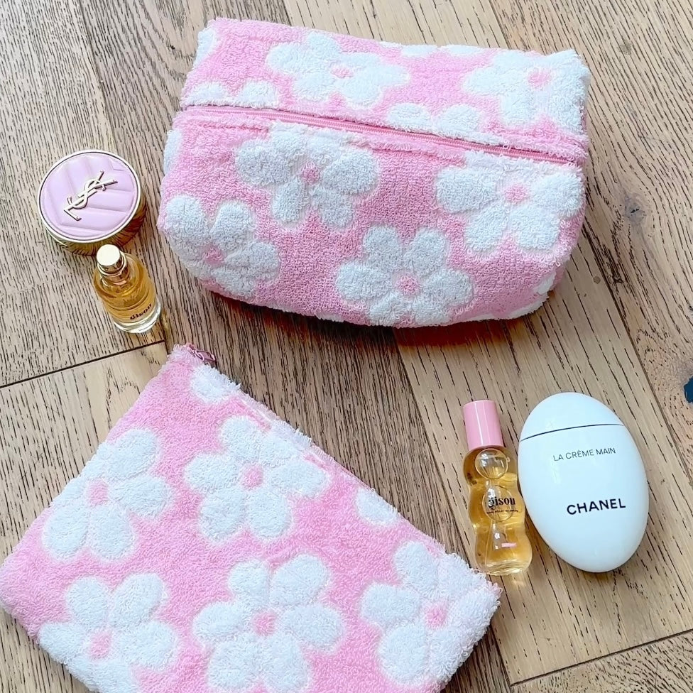 PINK DAISIES VINTAGE TEDDY MAKEUP BAG