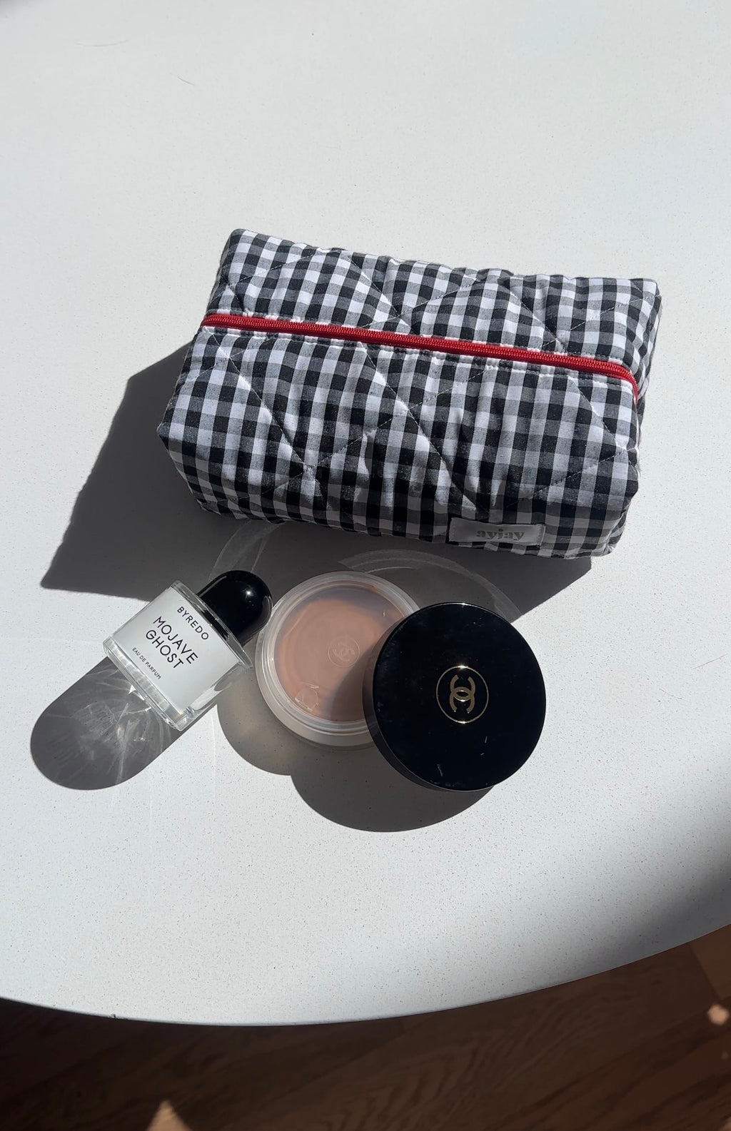 BLACK GINGHAM RED MAKEUP BAG