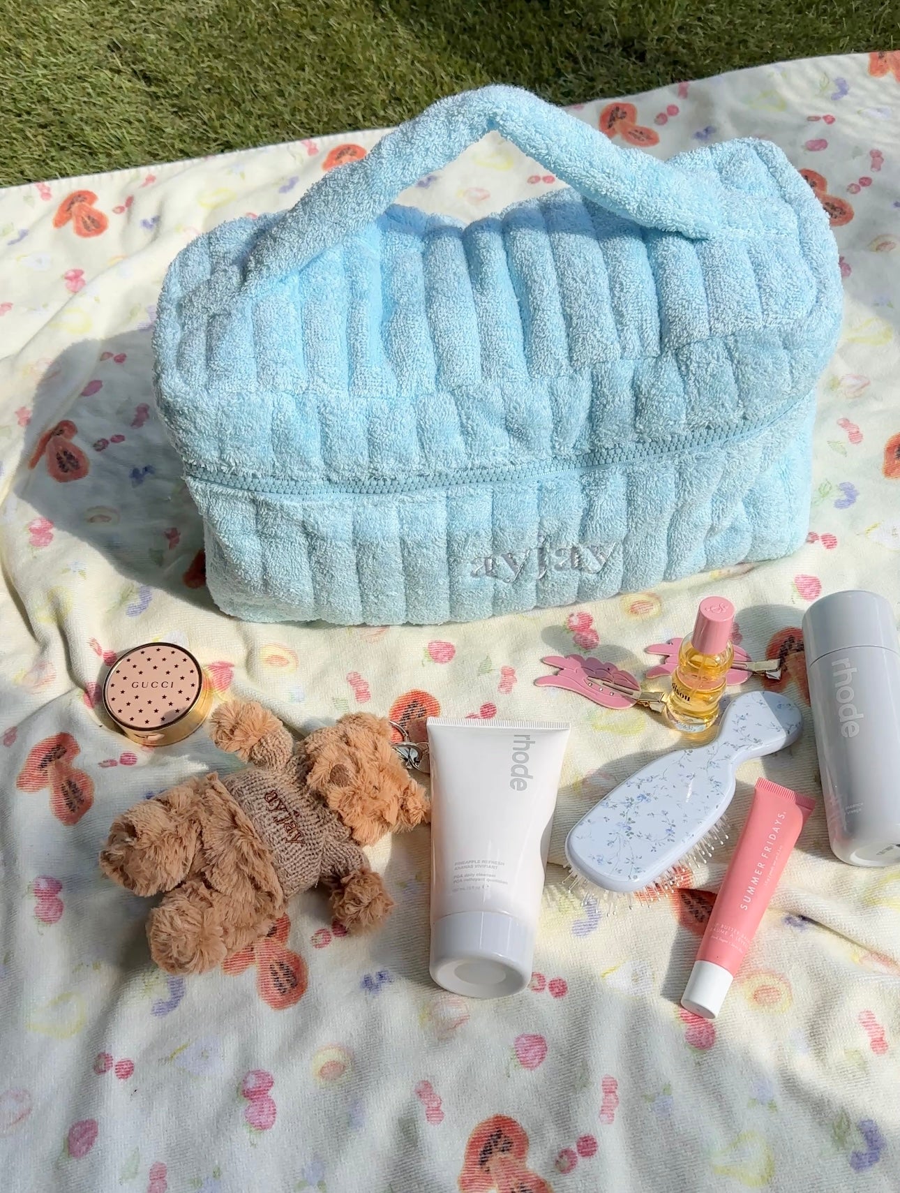 BABY BLUE GINGHAM HAIRTOOL VANITY BAG