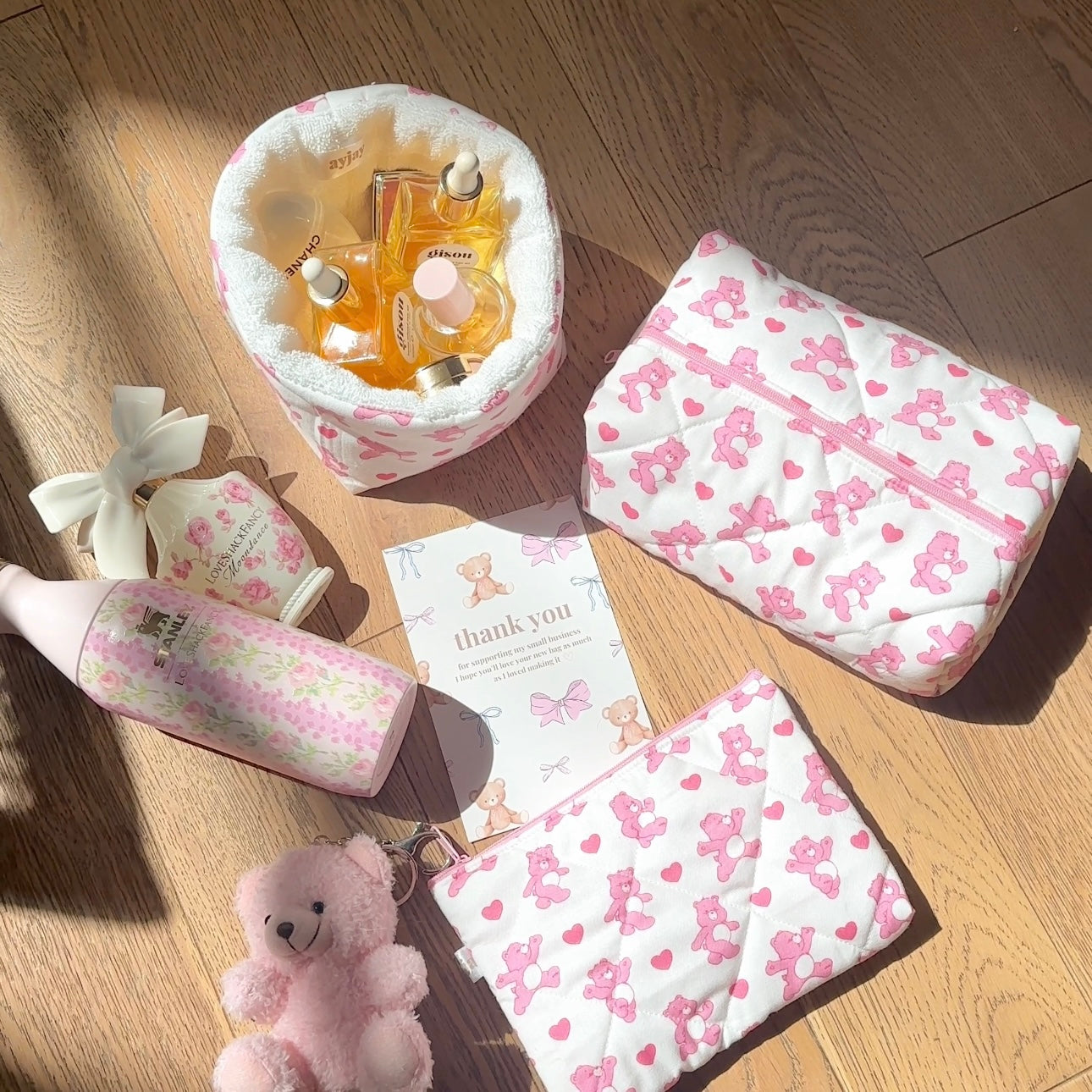 PINK HEART BEARS FLAT POUCH