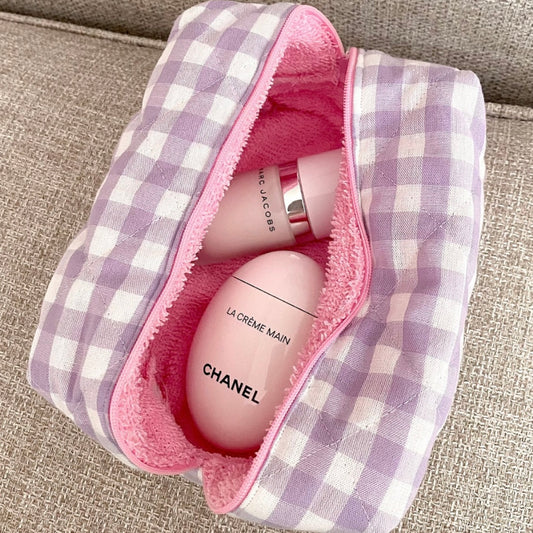 PURPLE GINGHAM PINK TEDDY MAKEUP BAG