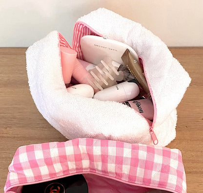 WHITE TEDDY PINK STRIPES MAKEUP BAG